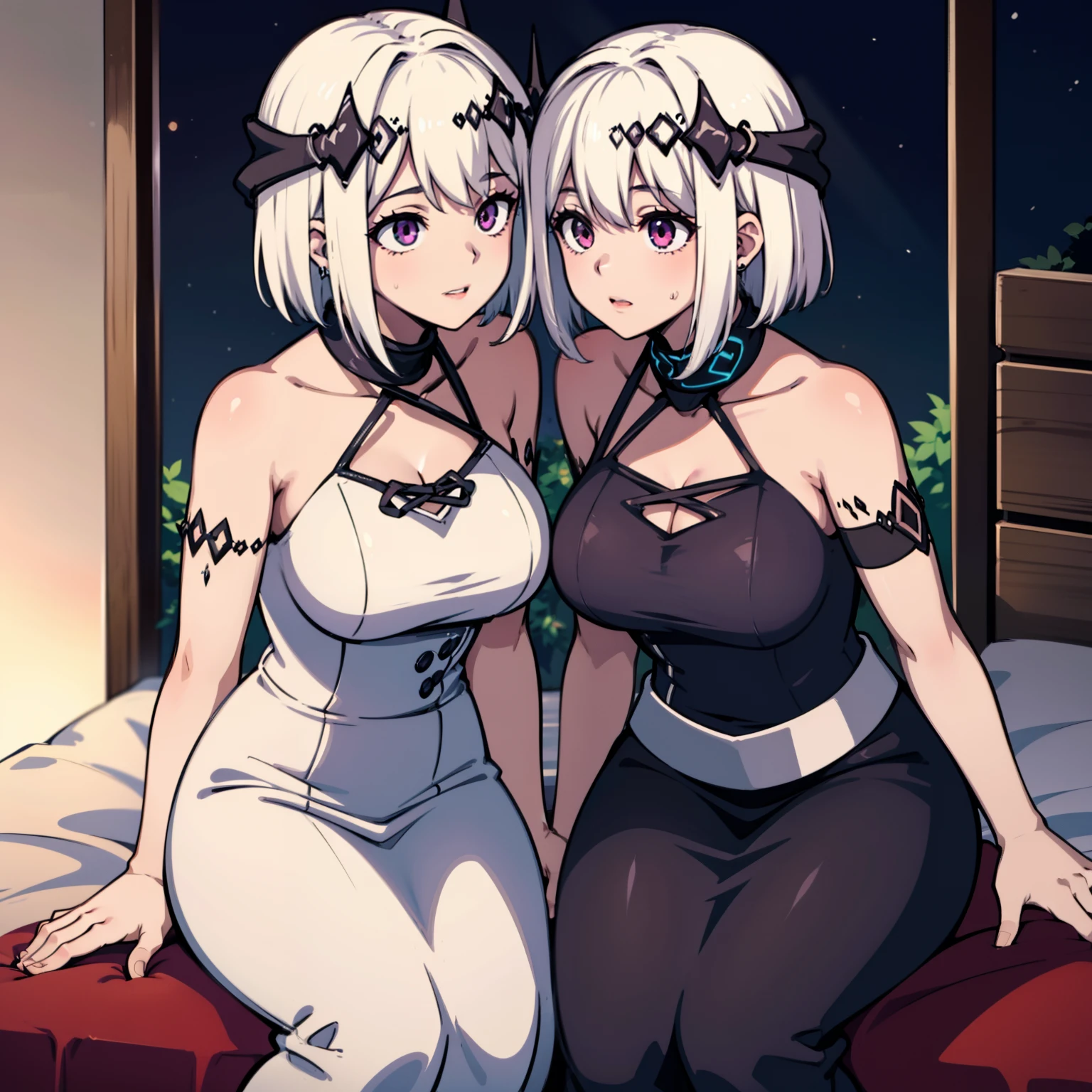 Xianxia，2girls，White hair，Purple eye，glowing light eyes，Cut the top，a skirt，parted lip，Be red in the face，the night，fresh flowers，suns，rays of sunshine，The two girls kissed each other，One girl pressed the other girl to the bed，Look at each other affectionately，cultivating immortals