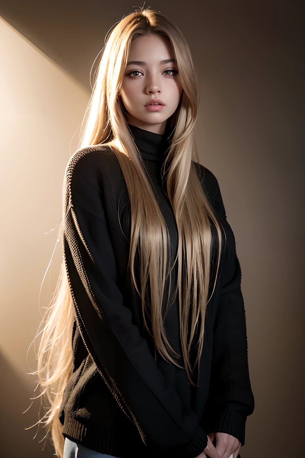 Best quality, masterpiece, ultra high res, (photorealistic:1.4), raw photo, 1girl, long hair, gold hair, detailed eyes and face, black sweater, dynamic lighting, in the dark, deep shadow, low key, cowboy shot