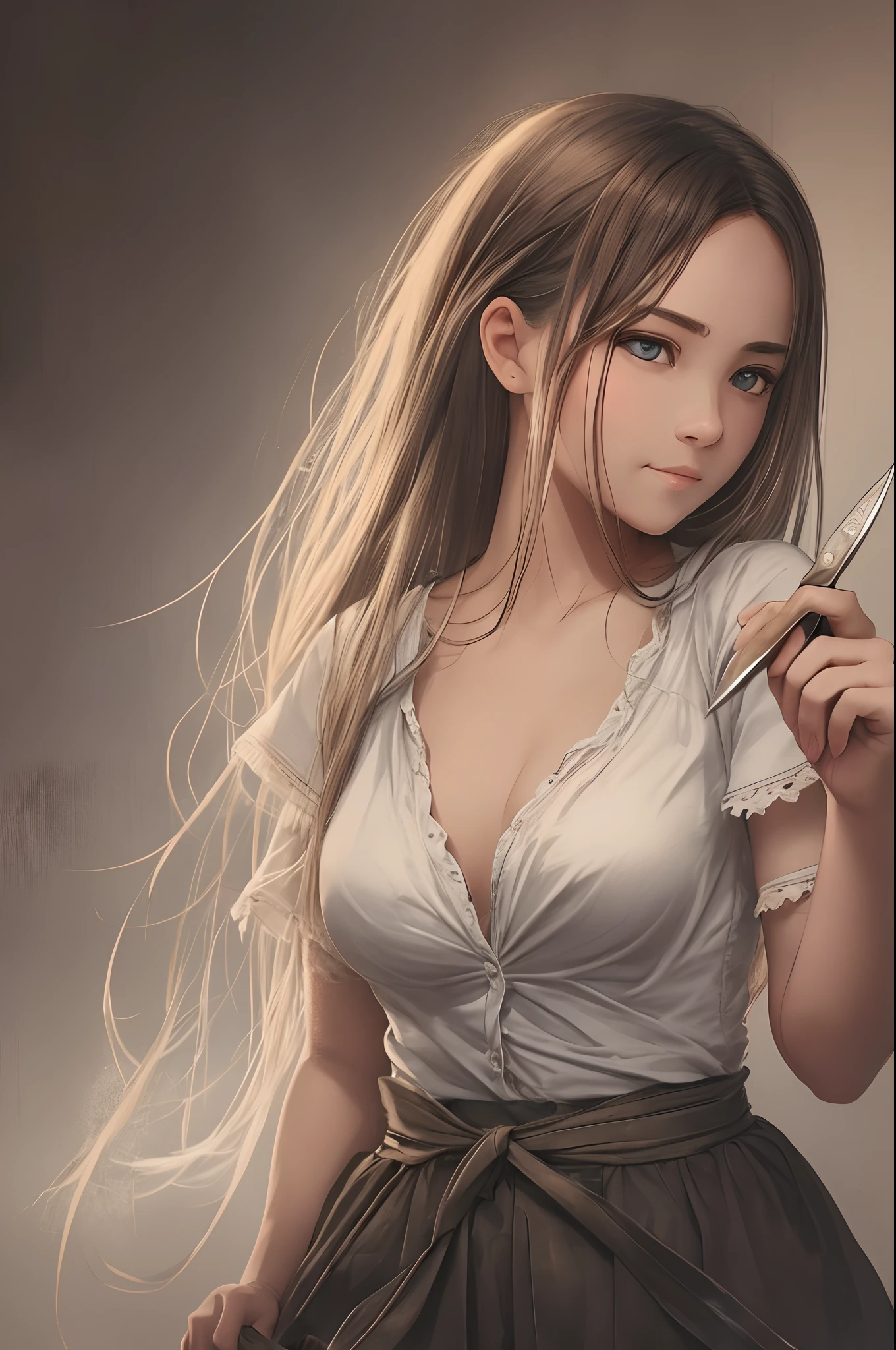 A sickly and charming girl, good-looking, holding a knife in her hand, with a loving expression in her eyes and a sense of ecstasy --auto --s2