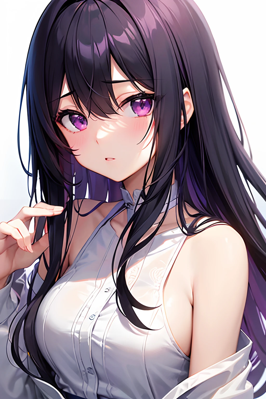 Create a stunning fashion portrait of an anime girl with long black hair and captivating purple eyes. Give her a cute and moe artstyle, with smooth CG art and a hint of gapmoe yandere. Draw inspiration from Hinata Hyuga, focusing on her beautiful face. Infuse the artwork with a mix of realistic anime and high school girl aesthetics. Zoom in for a close-up shot, capturing the essence of Iwakura Lain. --ar 16:9 --v 5.2