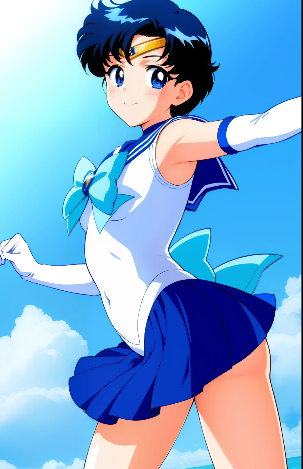 top-quality、masterpiece、Anime Boy、 boys、gender change、gender change(Girls to boys)、Sailor Senshi Uniform、Sailor Mercury、solo、Ami Mizuno、Blue-eyed boy、Blue sailor collar、Sky blue bow tie、skirt、rating:safe、Blue choker、Magical Boy、Very short blue-haired boy、a blue skirt、bow、back_bow、circlet、white glove、elbowgloves、smile、blue_theme、white_theme、jewelry、open_mouth、White leotard、highleg leotard、robe blanche、blue_background、white_background、Muscular men、blush、official_style、耳Nipple Ring、aqua_background、cowboy_shot、a miniskirt、pleatedskirt、blue_bow、sky blue_bow、Bare shoulders、bare legs、(1990's\(styles\):0.9)、