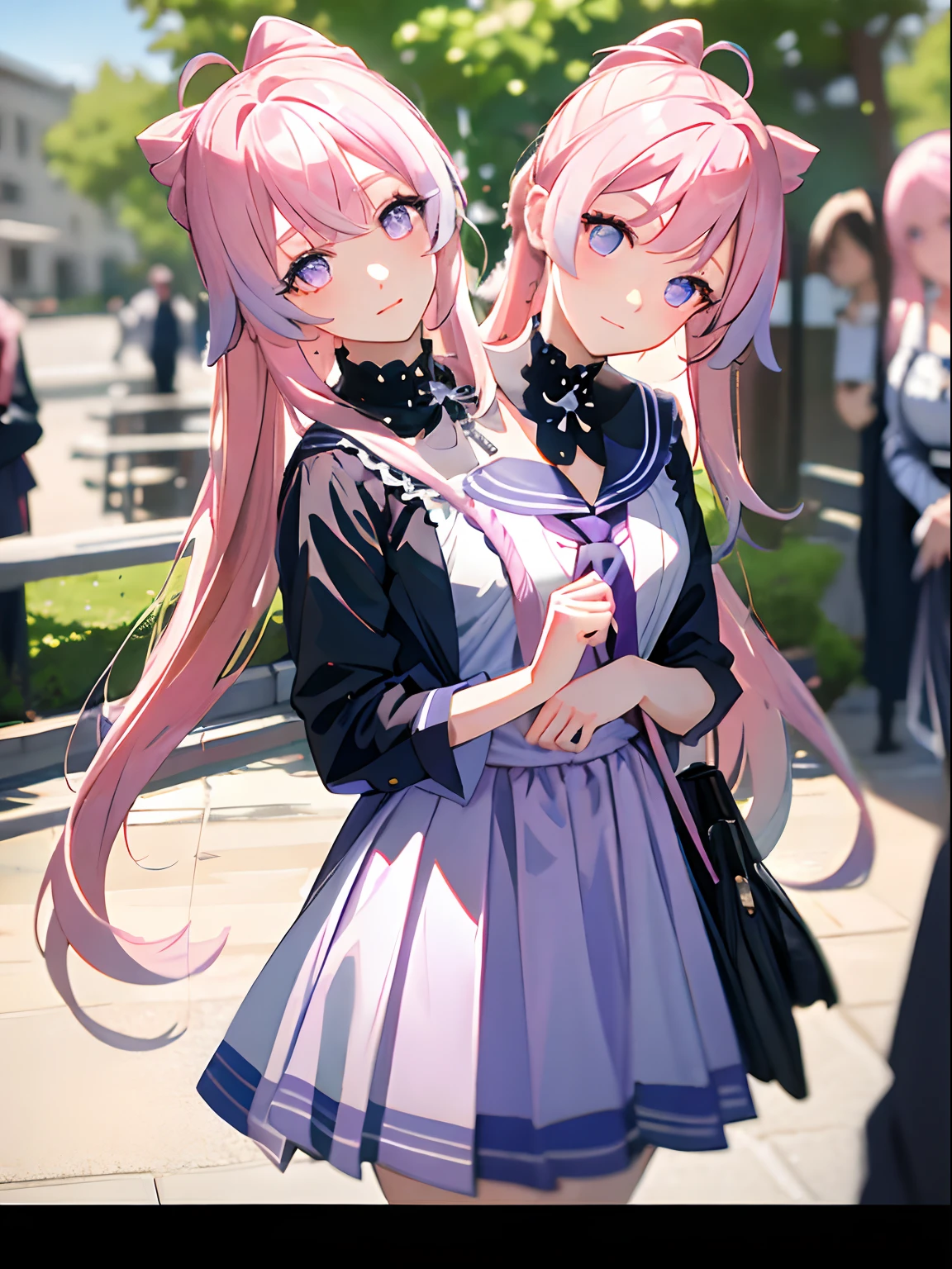 (masterpiece, best quality), best resolution, (2heads:1.5), 1girl, kokomi character, pink hair, purple eyes, different facial expressions, contemplative, trying to decide what to buy, long dress, black plaited skirt, school uniform