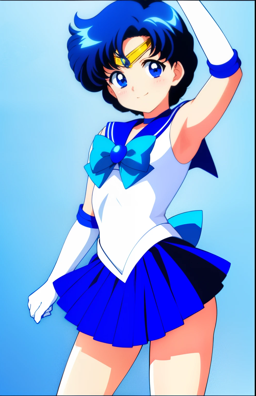 top-quality、masterpiece、Anime Boy、 boys、gender change、gender change(Girls to boys)、Sailor Senshi Uniform、Sailor Mercury、solo、Ami Mizuno、Blue-eyed boy、Blue sailor collar、Sky blue bow tie、skirt、rating:safe、Blue choker、Magical Boy、Very short blue-haired boy、a blue skirt、bow、back_bow、circlet、white glove、elbowgloves、smile、blue_theme、white_theme、jewelry、open_mouth、White leotard、highleg leotard、robe blanche、blue_background、white_background、Muscular men、blush、official_style、耳Nipple Ring、aqua_background、cowboy_shot、a miniskirt、pleatedskirt、blue_bow、sky blue_bow、Bare shoulders、bare legs、(1990's\(styles\):0.9)、