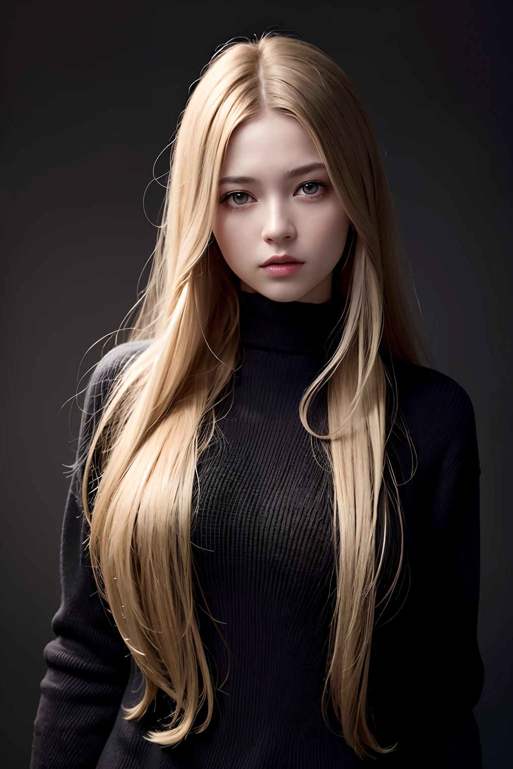 Best quality, masterpiece, ultra high res, (photorealistic:1.4), raw photo, 1girl, long hair, gold hair, detailed eyes and face, black sweater, dynamic lighting, in the dark, deep shadow, low key, cowboy shot