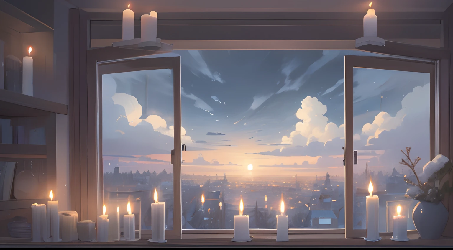 cloudy weather cloudy windowsill illustration winter cloudy landscape landscape with lots of candles in the middle graphic top quality landscape