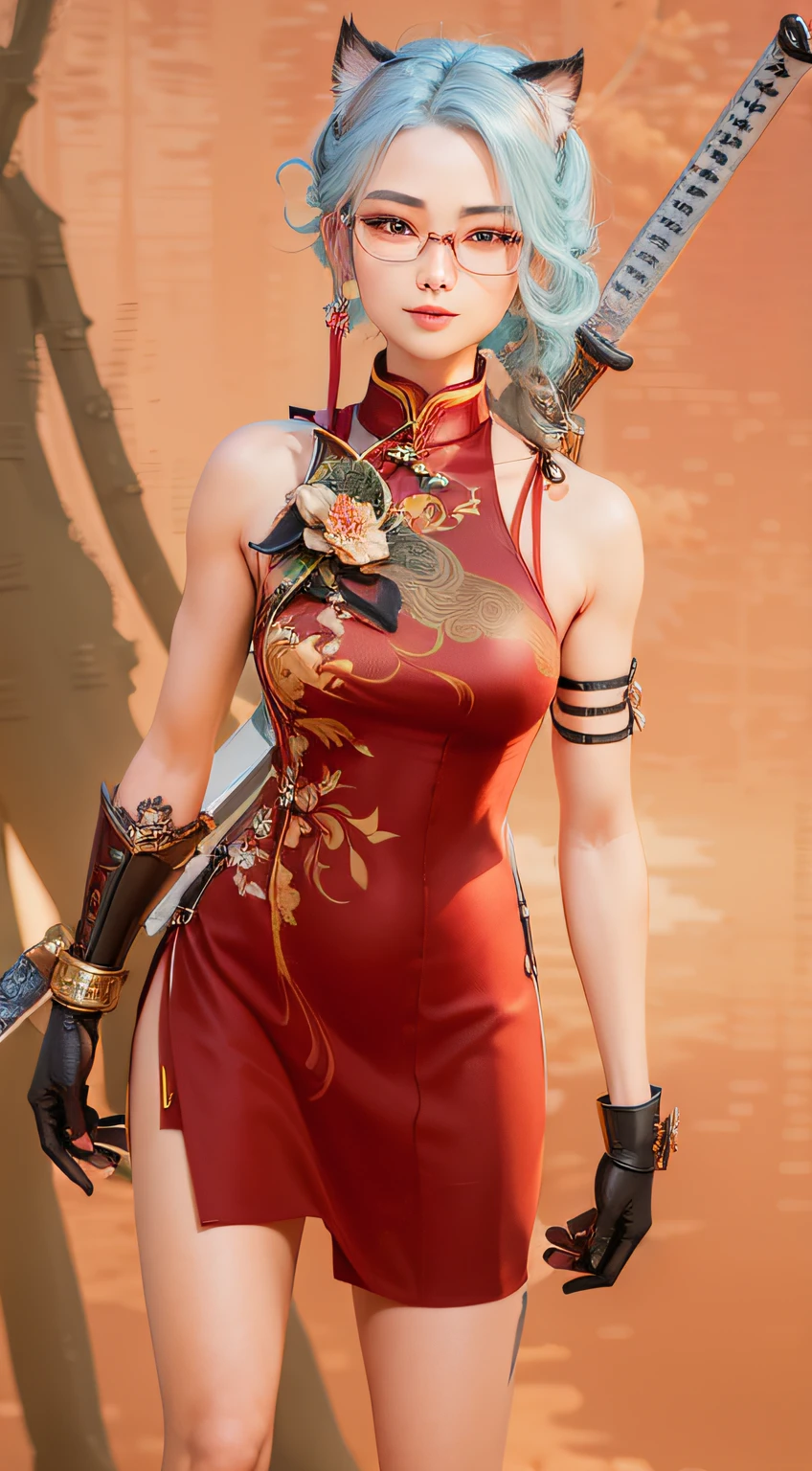 there is a 3d image of a woman in a red dress holding a sword, wearing a red cheongsam, inspired by Pu Hua, cheongsam, blade and soul, full body xianxia, inspired by Ren Xiong, inspired by Lan Ying, inspired by Li Mei-shu, full body wuxia, inspired by Lam Qua, transparent glasses, best quality katana, cat ears outfit, smile expression