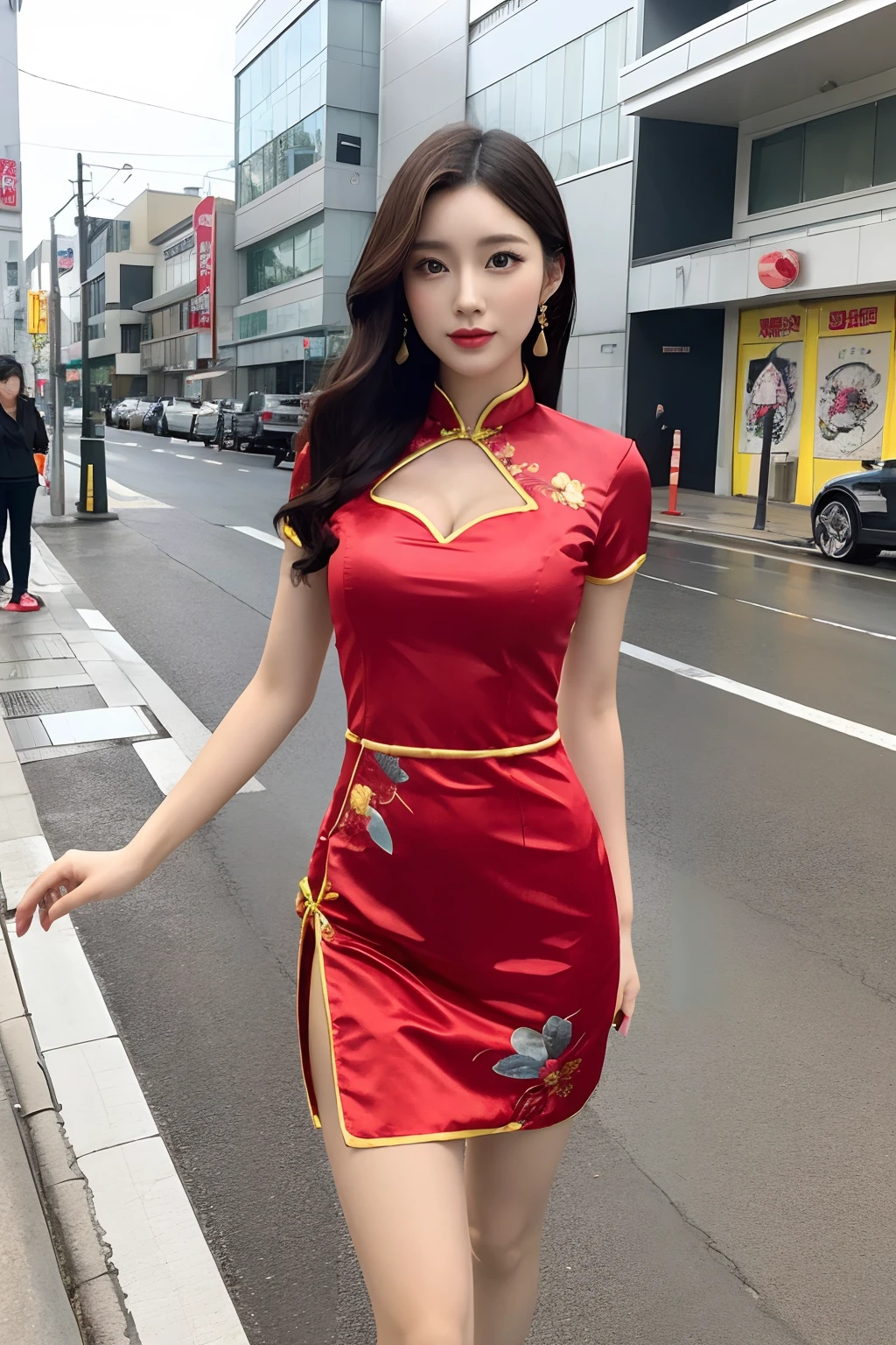 Woman in Chinese dress standing on street corner, bare skin without makeup, bare legs, thighs, chinese girl, chinese woman, (((Huge bust))), beautiful asian girl, gorgeous chinese model, young asian girl, chinese dress, asian girl, asian woman, traditional china, young asian woman, korean girl, cute young young woman, beautiful asian woman, cheongsam, asian woman, Japan model, chinese style, Japan goddess, very tall