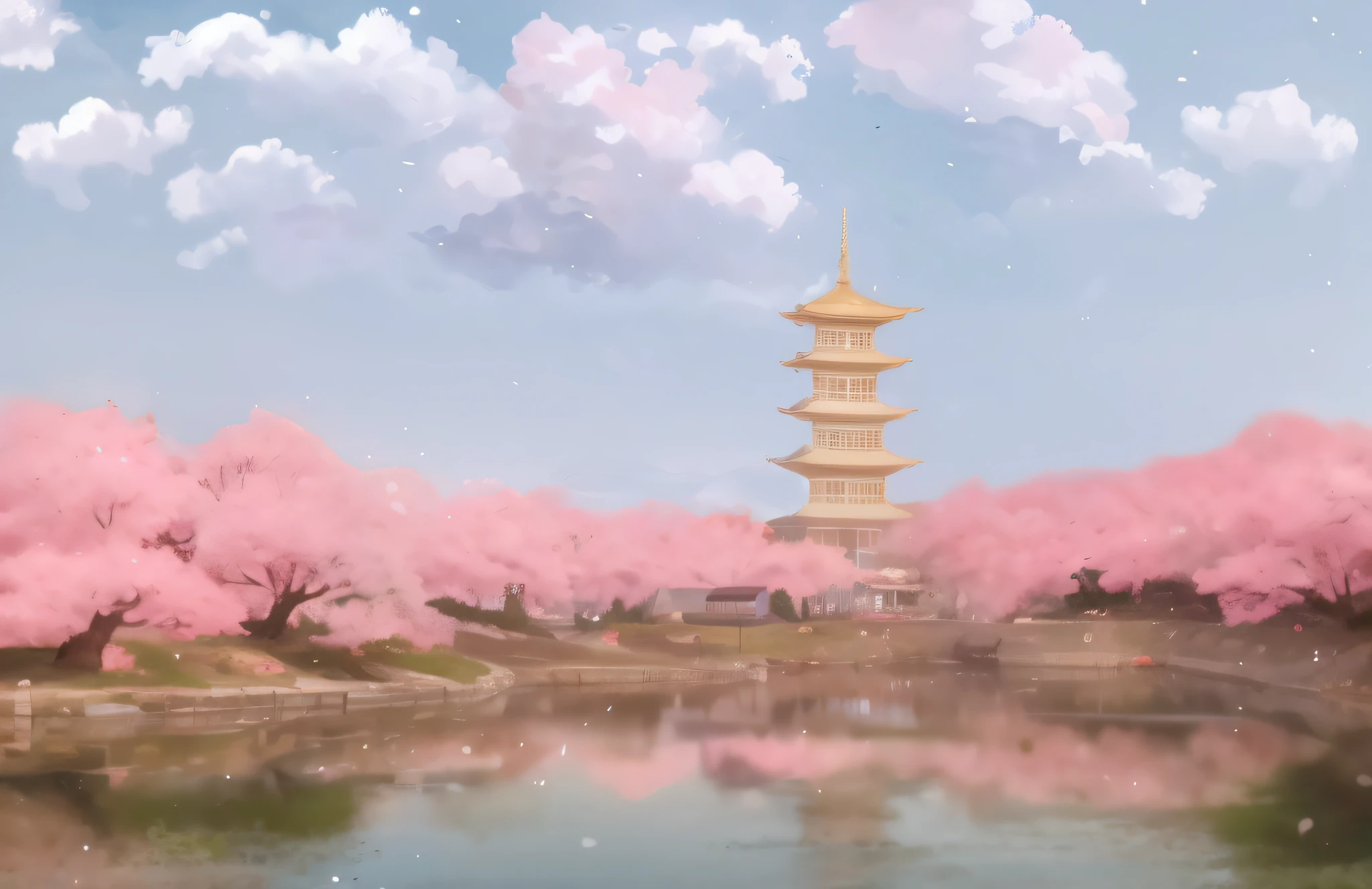 there is a painting of a pagoda in the middle of a lake, digital painting of a pagoda, Anime background art, anime backgrounds, anime beautiful peace scene, Anime landscapes, beautiful anime scenery, Temple background, Anime landscape, sakura season, drawn in anime painter studio, background artwork, made with anime painter studio, arte de fundo, Anime art wallpaper 8 K, anime landscape wallpapers