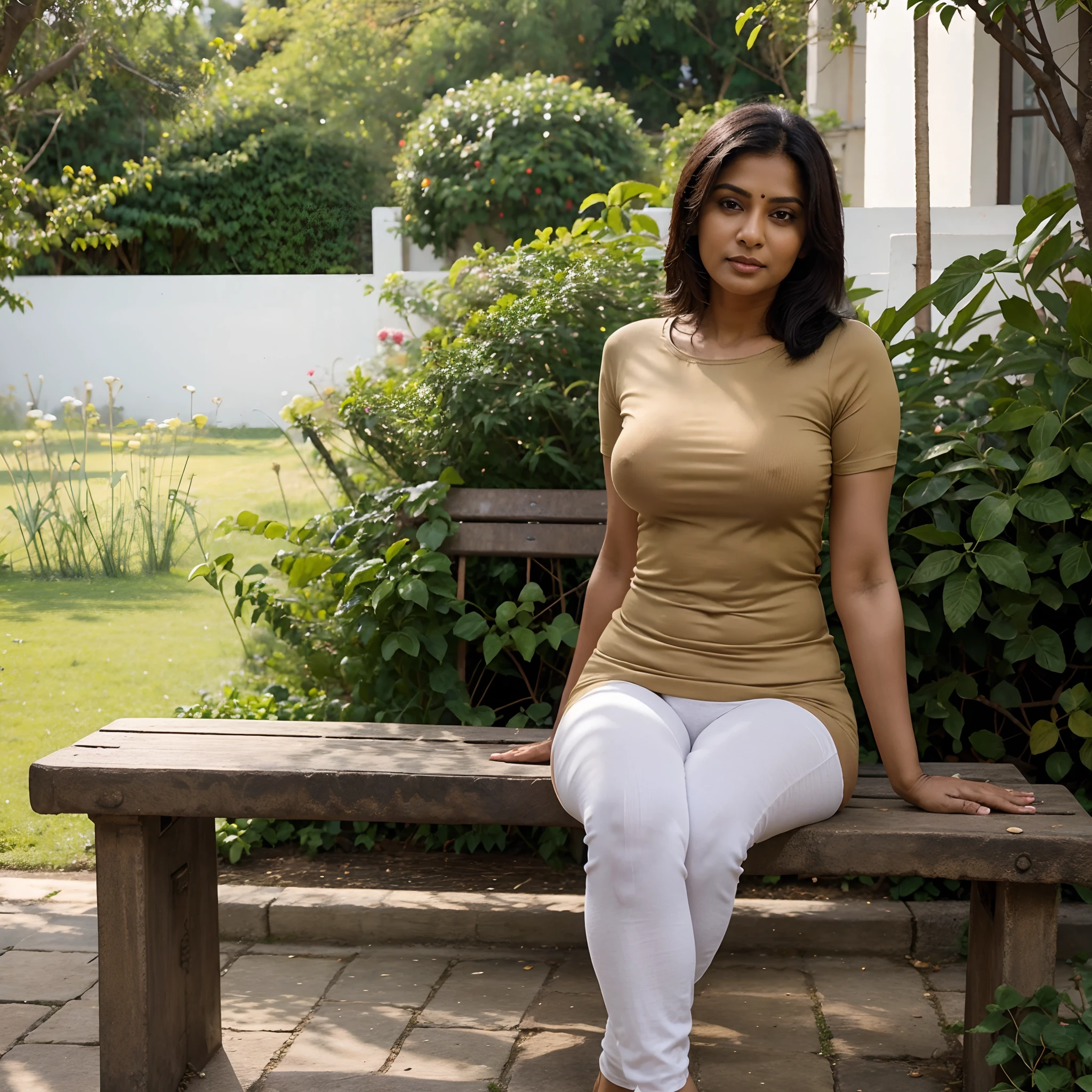 Indian mature woman in skin tight tshirt without pants sitting on public bench in garden