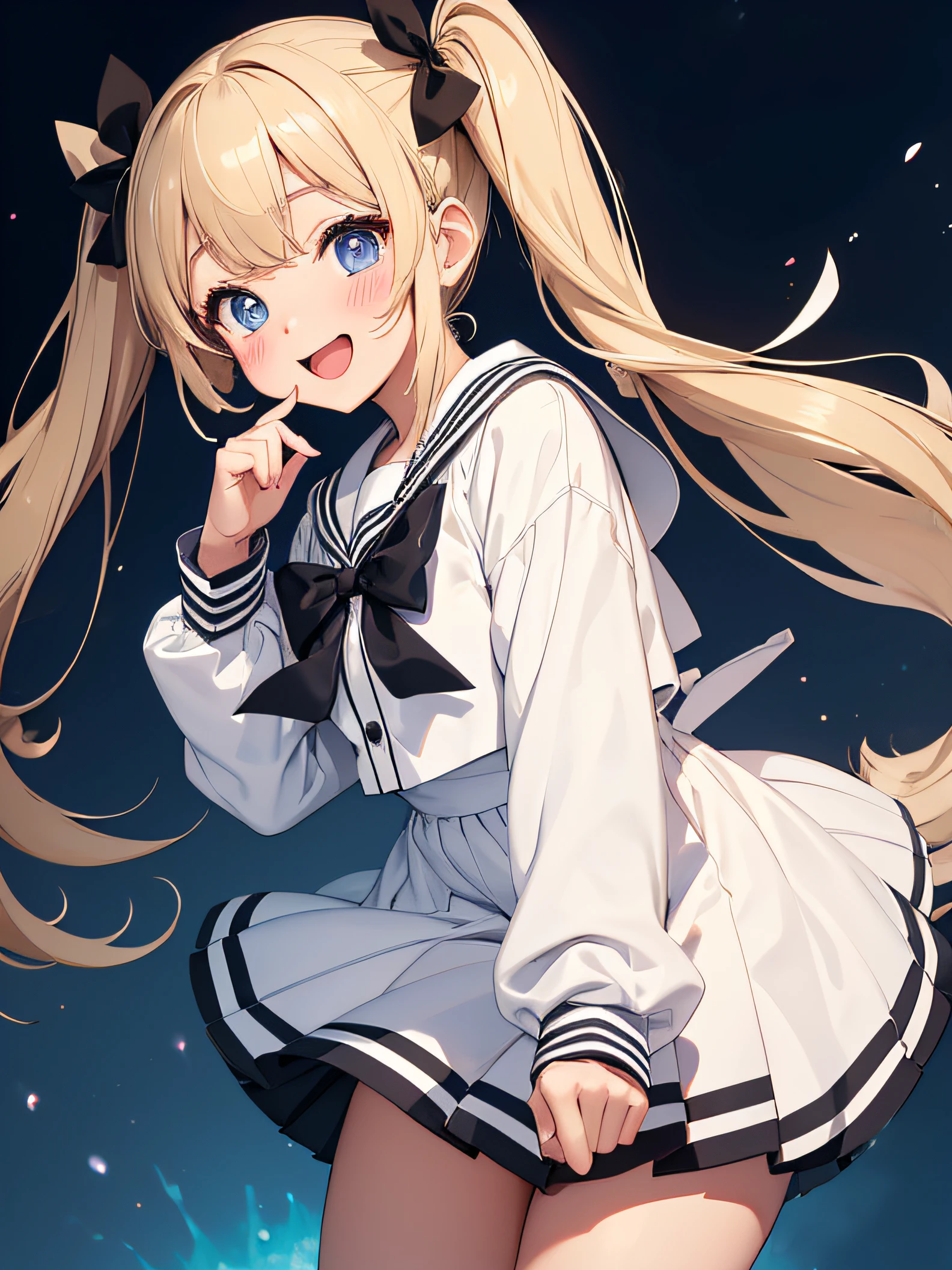 in white long-sleeved sailor suit、Twin tails with dark blonde hair、a black ribbon、Single big eyes、great laughter、