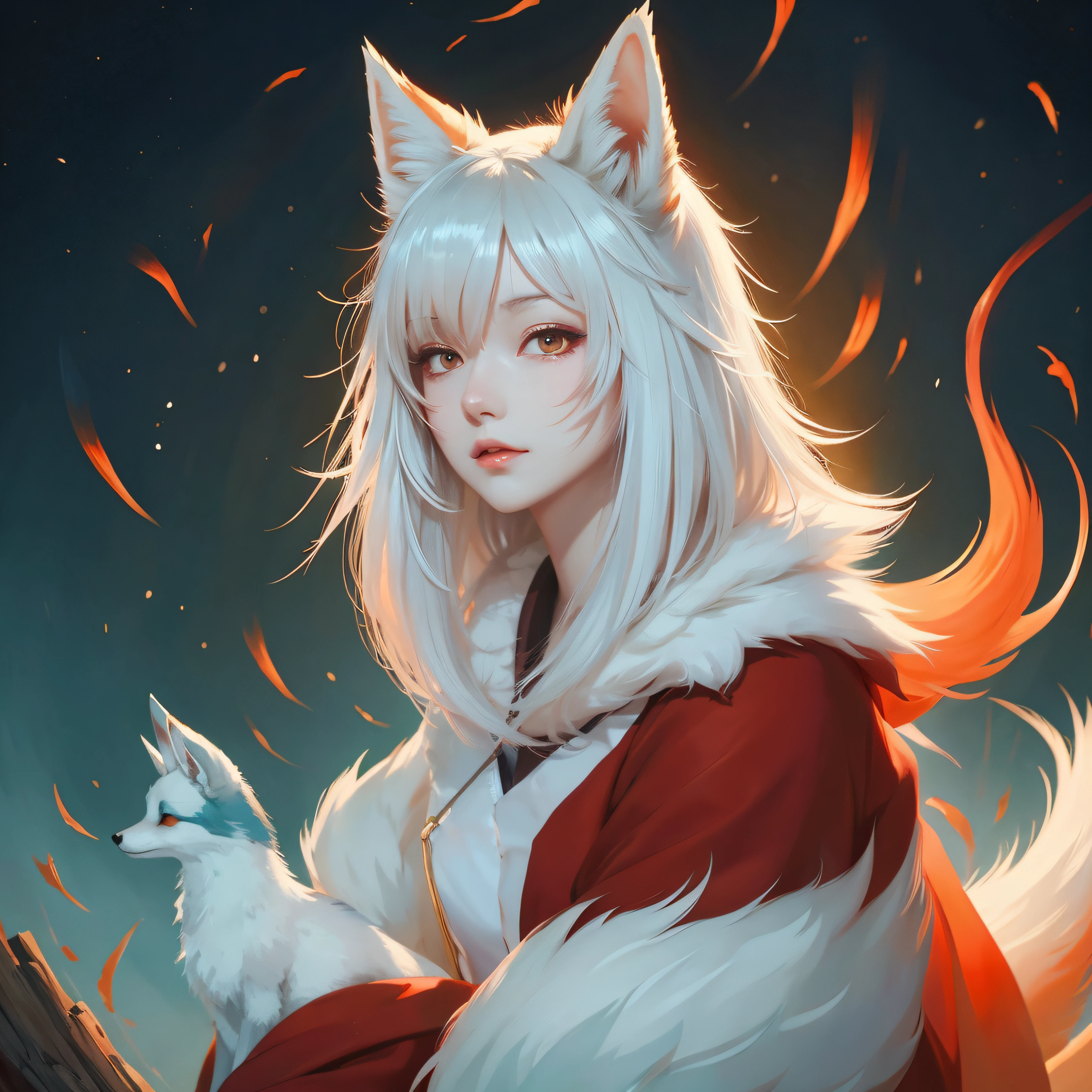 anime girl with short hair and a fox, a beautiful red fox lady, white - haired fox, beautiful character painting, by Yang J, beautiful anime portrait, girl with fox ears, a beautiful kitsune woman, by Ni Tian, artwork in the style of guweiz, guweiz, by Ren Renfa, kitsune, soft anime illustration, soft dark background, sexy mini kimono