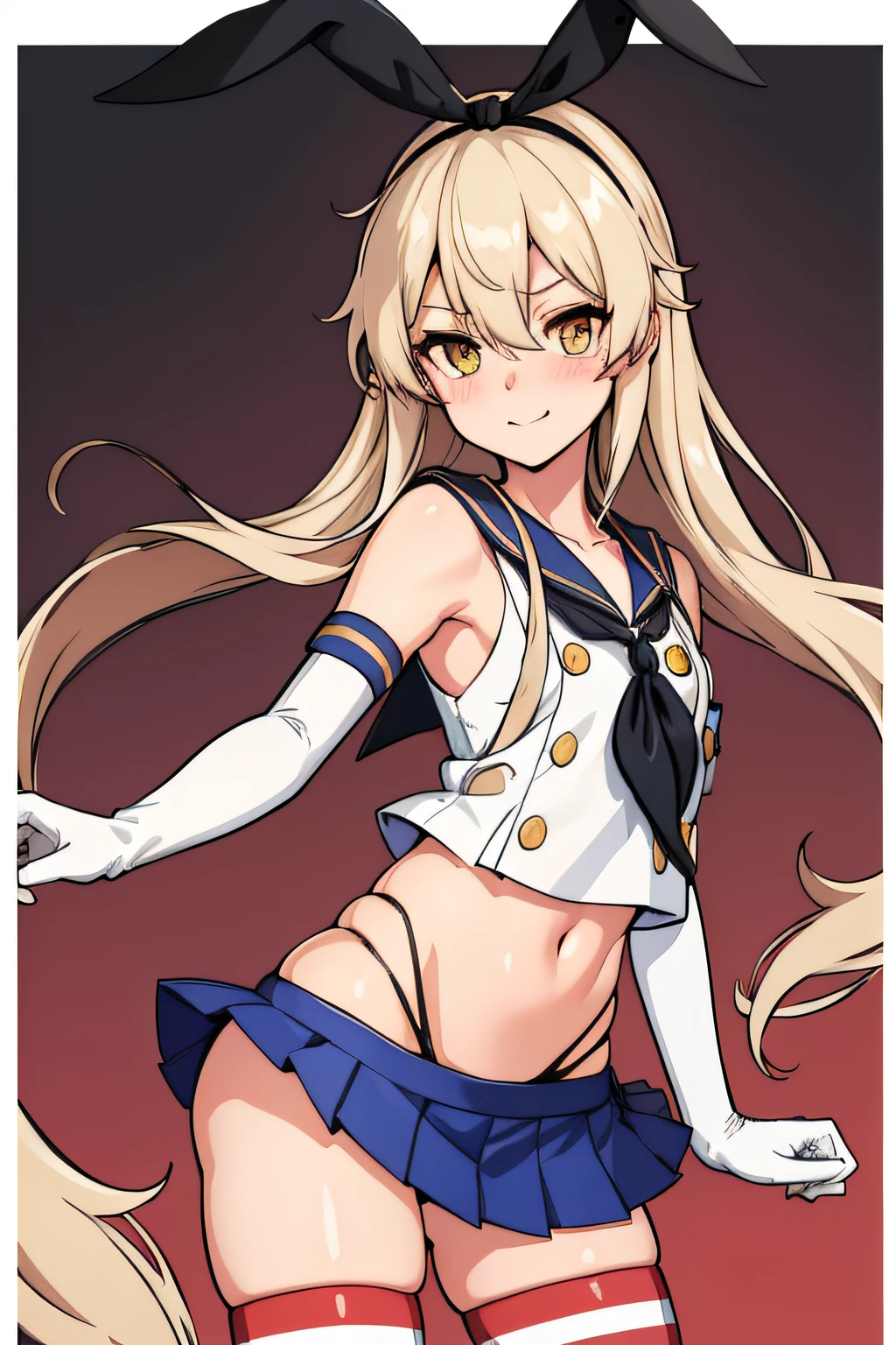 (masterpiece, best quality:1.2),illustration,8k,hd,1girl,solo,upper body,(portrait:1.2),long_hair,blonde_hair,elbow_gloves,underwear,striped_thighhighs,white_gloves,smile,navel,yellow eyes,highleg_panties,black_panties,anchor_hair_ornament,highleg,blush,school_uniform,crop_top,sailor_collar,hairband,hair_ornament,serafuku,miniskirt,pleated_skirt,blue_skirt,sleeveless,bare_shoulders,hair_between_eyes,grey_footwear,microskirt,midriff,neckerchief,collarbone,