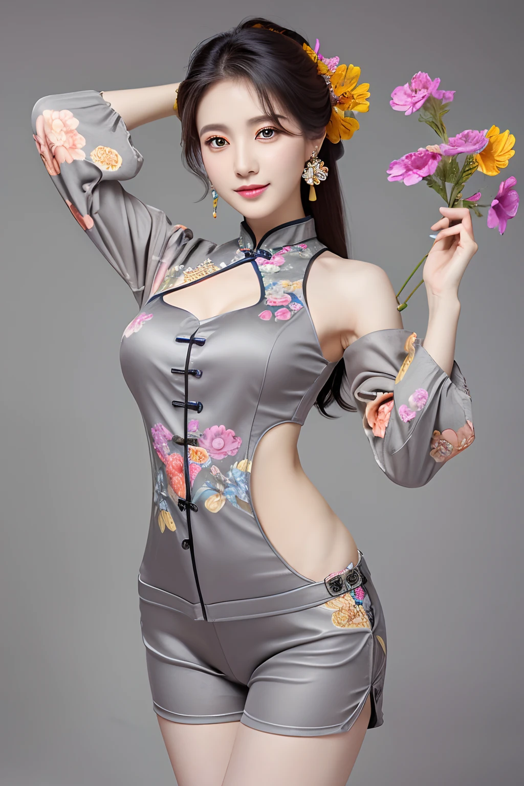 (masterpiece, top quality, best quality, official art, beautiful and aesthetic:1.2), (1girl:1.3), flat chest, extremely detailed,(fractal art:1.1),(colorful:1.1)(flowers:1.3),highest detailed,(dynamic pose), (grey background:1.3), (chinese Traditional cloth:1.2), (shiny skin), (many colors:1.4), ,(earrings:1.1),