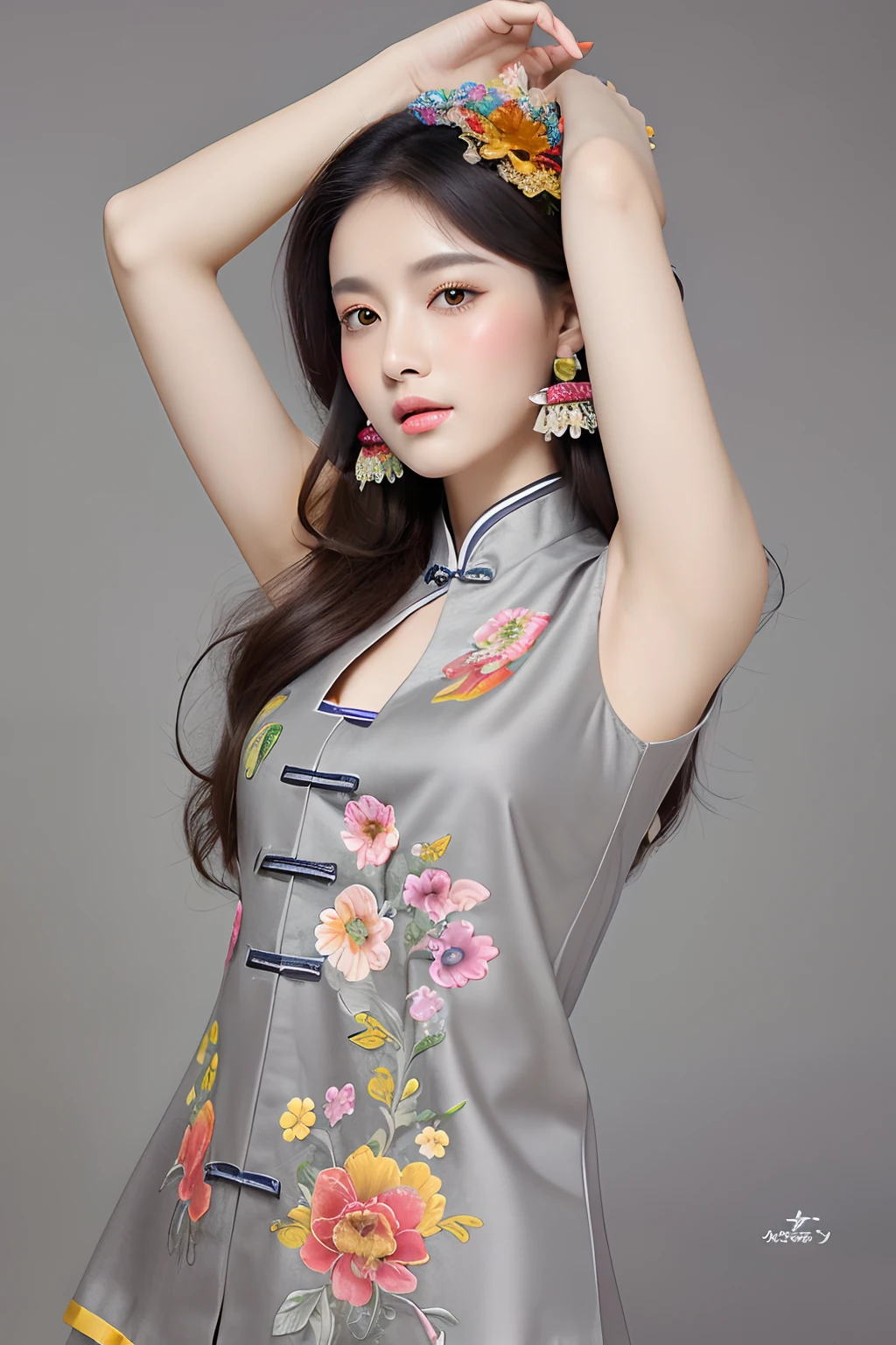 (masterpiece, top quality, best quality, official art, beautiful and aesthetic:1.2), (1girl:1.3), flat chest, extremely detailed,(fractal art:1.1),(colorful:1.1)(flowers:1.3),highest detailed,(dynamic pose), (grey background:1.3), (chinese Traditional cloth:1.2), (shiny skin), (many colors:1.4), ,(earrings:1.1),
