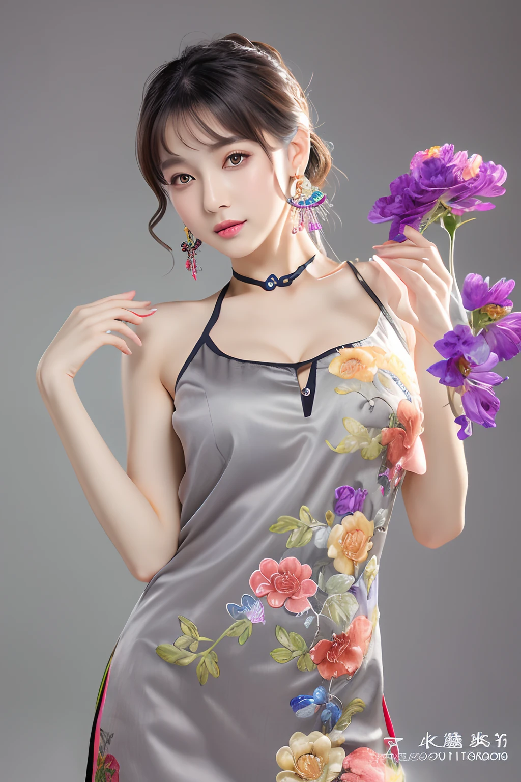 (masterpiece, top quality, best quality, official art, beautiful and aesthetic:1.2), (1girl:1.3), flat chest, extremely detailed,(fractal art:1.1),(colorful:1.1)(flowers:1.3),highest detailed,(dynamic pose), (grey background:1.3), (chinese Traditional cloth:1.2), (shiny skin), (many colors:1.4), ,(earrings:1.1),