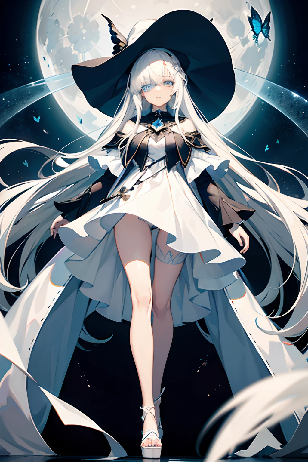 White hair, long hair, blue eyes, ((bangs covering one eye)), white ethereal dress, large witch hat, butterfly garments, exposed legs, piercing gaze, serious face, standing, face view, moonlit background