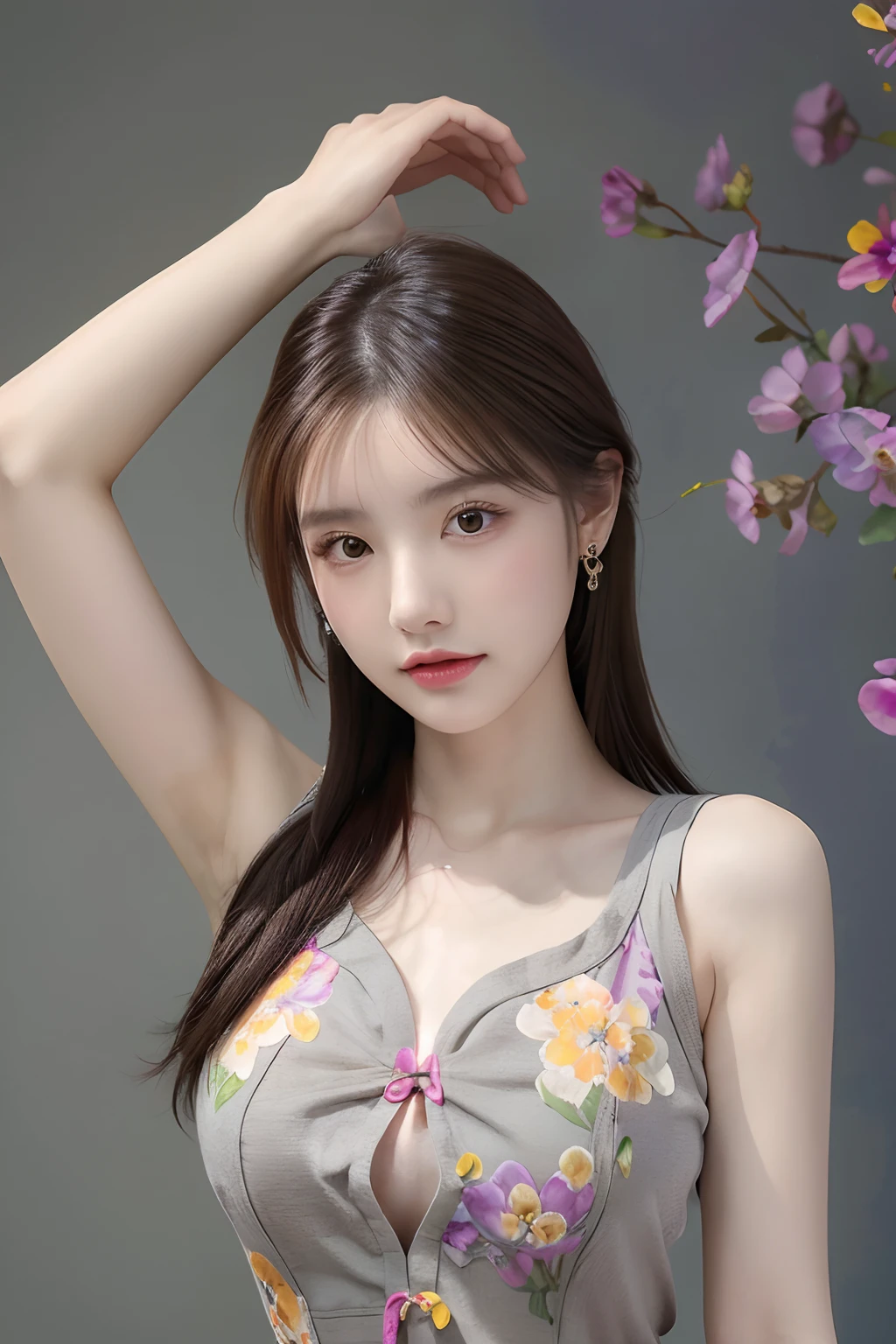 (masterpiece, top quality, best quality, official art, beautiful and aesthetic:1.2), (1girl:1.3), flat chest, extremely detailed,(fractal art:1.1),(colorful:1.1)(flowers:1.3),highest detailed,(dynamic pose), (grey background:1.3), (chinese Traditional cloth:1.2), (shiny skin), (many colors:1.4), ,(earrings:1.1),