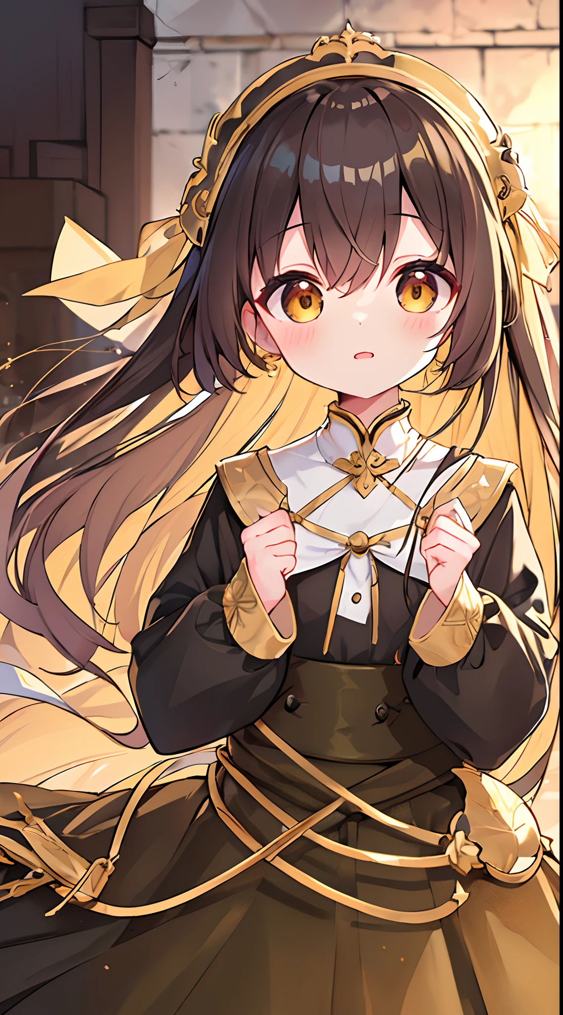 ((Masterpiece,8K,Top image quality,hiquality,Best Quality))girl1,(((1人))),Lori,cute little,Dark hair,M-shaped bang,Golden Eyes,doress,Golden dress,Upper body only,1人,single