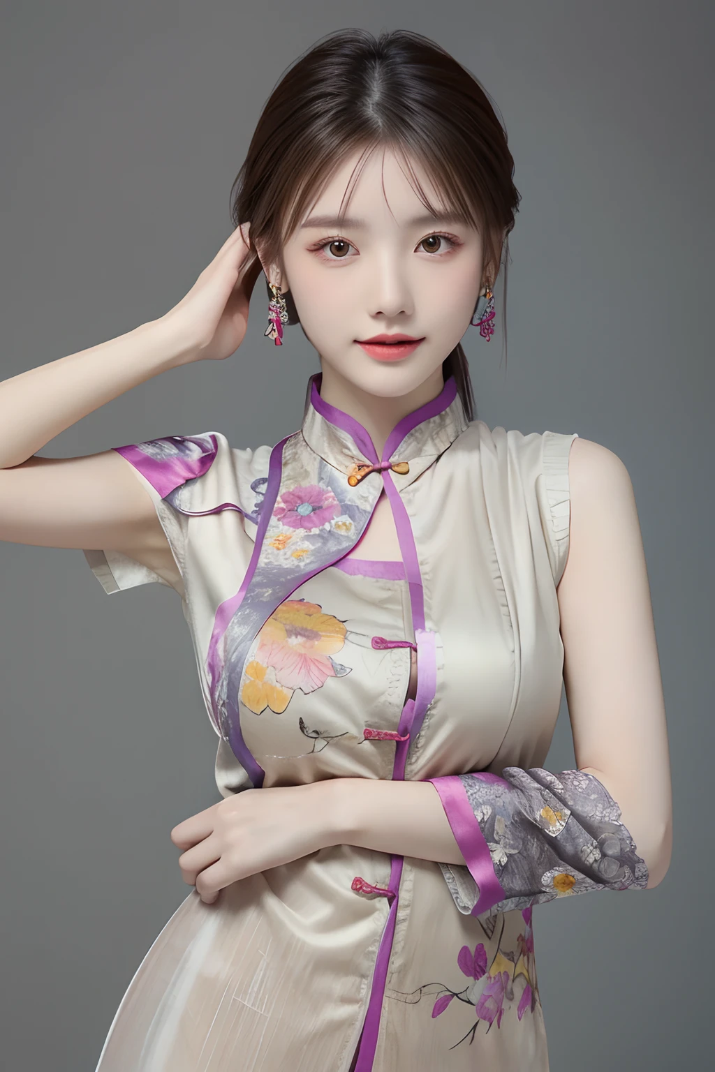 (masterpiece, top quality, best quality, official art, beautiful and aesthetic:1.2), (1girl:1.3), flat chest, extremely detailed,(fractal art:1.1),(colorful:1.1)(flowers:1.3),highest detailed,(dynamic pose), (grey background:1.3), (chinese Traditional cloth:1.2), (shiny skin), (many colors:1.4), ,(earrings:1.1),
