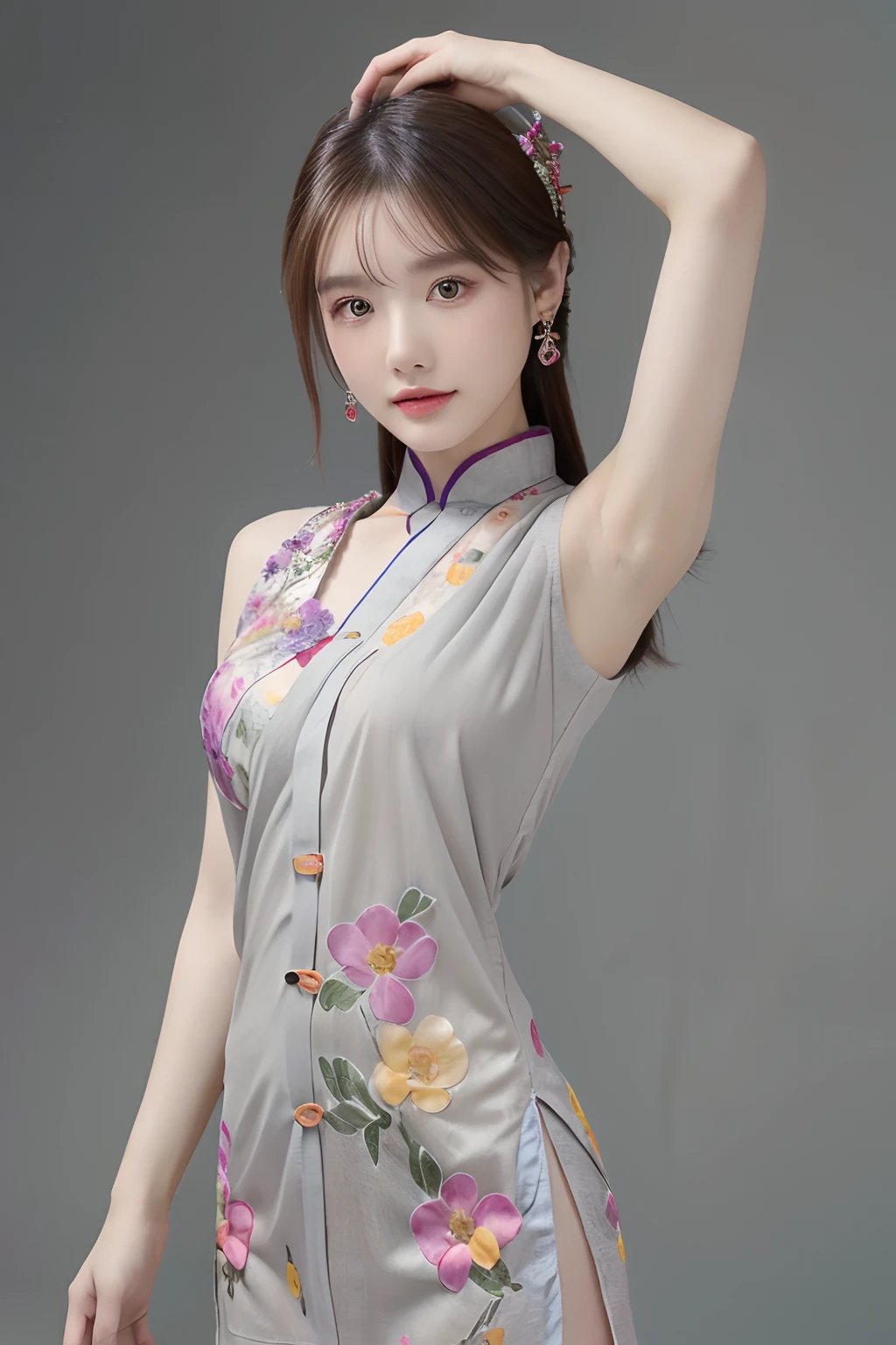 (shoulder-length straight short hair: 1.2),Upper body, （Extremely meticulous CG 8k wallpaper），（Extremely refined and beautiful），（Masterpiece），（best qualtiy:1.0），（Ultra High Resolution:1.0），beautiful light up，Perfect lightning，realistic shaded，[A high resolution]),(Smooth and flawless fair skin:1.5),(shiny skin:1.5),Extremely exquisite facial details，ultra - detailed，A  girl，small head，Smile，cheerfulness,Summer，afternoon，Close Shot，at home，In living room,Blue green background，(Standing at a large table:1.3),（Very large white papers on the table:1.3）,enjoying a comfortable and intoxicated expression,small face，（perfect body:1.1）,small breasts，flat chest，slim，thin,collar,(orange cheongsam:1.3)，Slender legs，shoulders off，bare shoulders，Charming collarbone，flowers,sideways，(Holding a Chinese writing brush in right hand:1.5),lean forward,(Practicing Chinese calligraphy:1.5),(Black stockings:1.3),ink and inkstone,(cowboy shot:1.3),(portrait:1.3),upper body