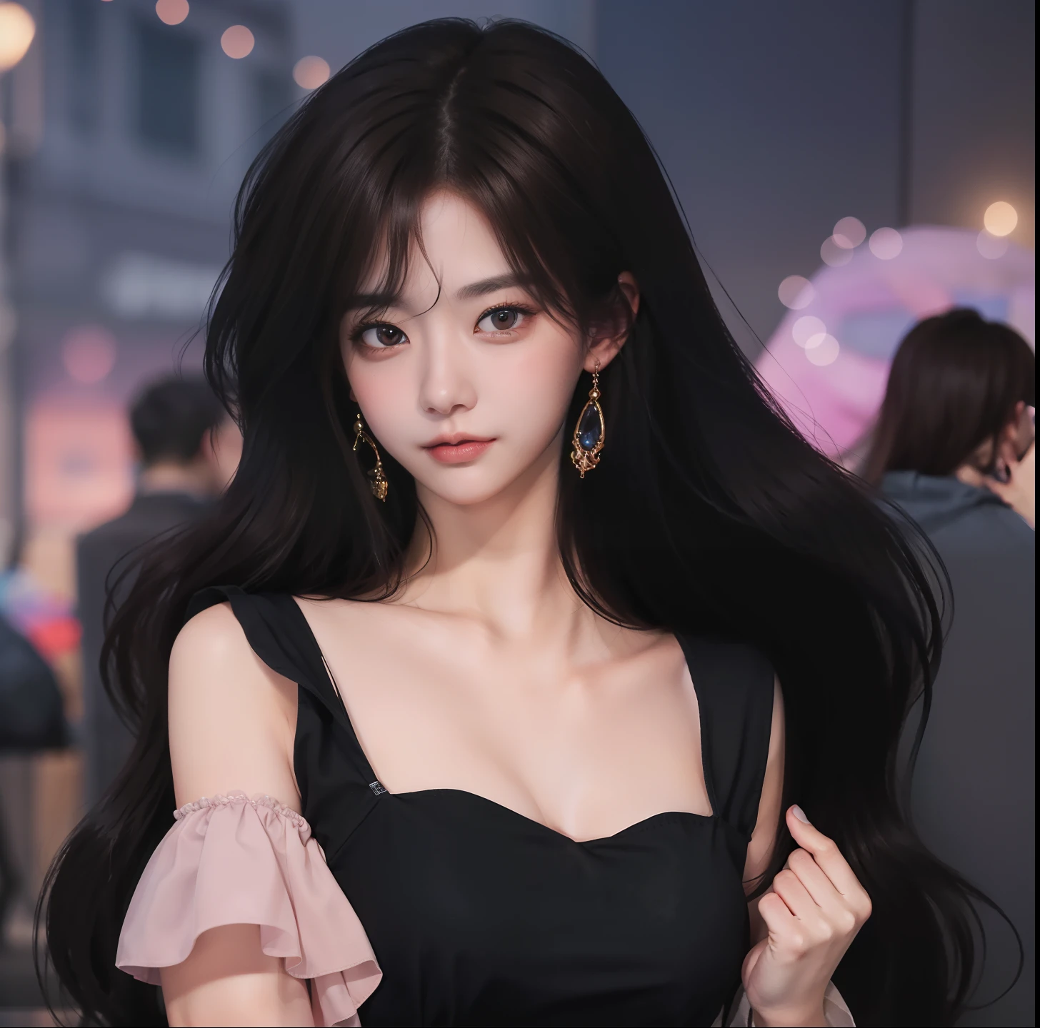 ​masterpiece、High-quality viewers、One beautiful model of JPNIODL、beautiful brown hair、A detailed eye、Camisole blouse、skirt by the、twilight townscape、8K High Resolution、Momentary Pose、细致背景、 Tindall Effect、light scattering、Light refraction、Contre-Jour、Drawing with enhanced hair details、A detailed face、more hair、Detailed nose、Detailed mouth、Detailed body、stares at the camera、model poses、Paint with added hair details