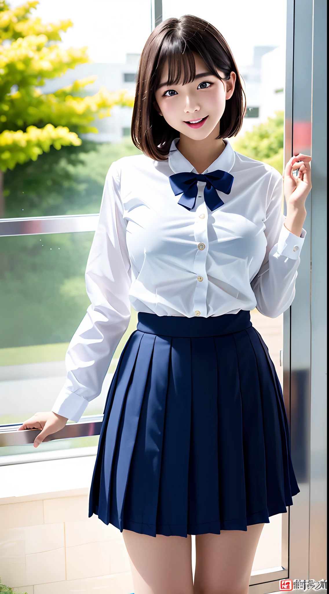 ulzzang -6500-v1.1, (Raw foto:1.2), (Photorealsitic), a beautiful detailed girl, extremely detailed eye and face, Beautiful and big eyes, of the highest quality, [​masterpiece:1.6], [JK school uniform], illustratio, finely detail, Illuminated, 1girl in、、Cute Japan high school girl、perfect body type、[Unbutton a white school blouse、Japan schoolgirl uniform]、[huge-breasted、heavy breasts、H-cup:1.9]、Sweat all over the body、[a bed:1.5]、Raise both hands、School uniform ribbon around neck、Button open、School uniform skirt、White blouse with open buttons、(Random Color Bra:1.4)、[open open mouth、Inviting Pose、bob cut  hair、Sexually writhing facial expressions、With my mouth wide open, The eyes are half-open and hollow、sexual excitement、Red face、Sensual look、no-makeup:1.9]、[red blush、embarassed expression、Sexual zones feel good、Kamimei:1.9]