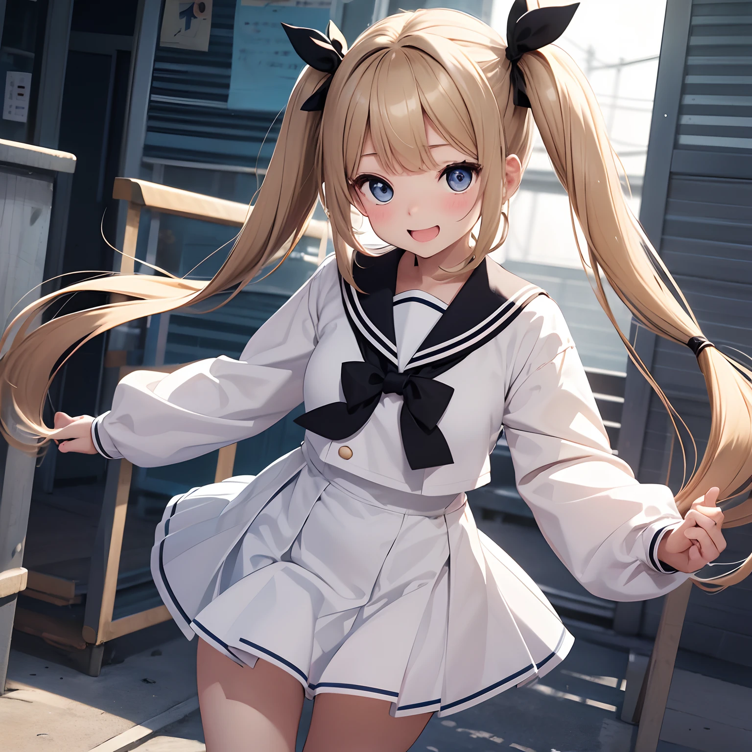 in white long-sleeved sailor suit、Twin tails with dark blonde hair、a black ribbon、Single big eyes、great laughter、