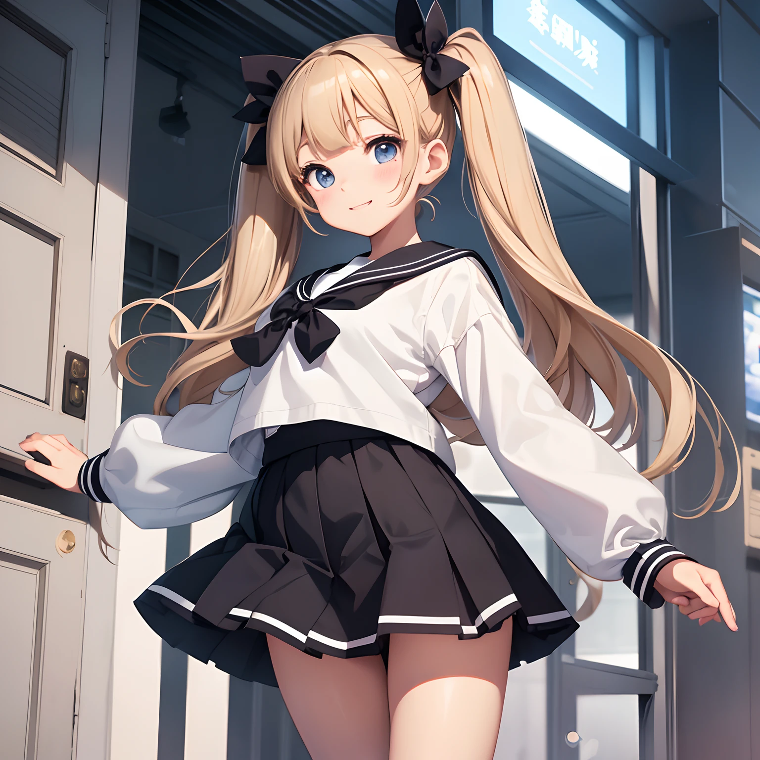 Junior high school student in white long-sleeved sailor suit、Twin tails with dark blonde hair、a black ribbon、Single big eyes、great laughter、