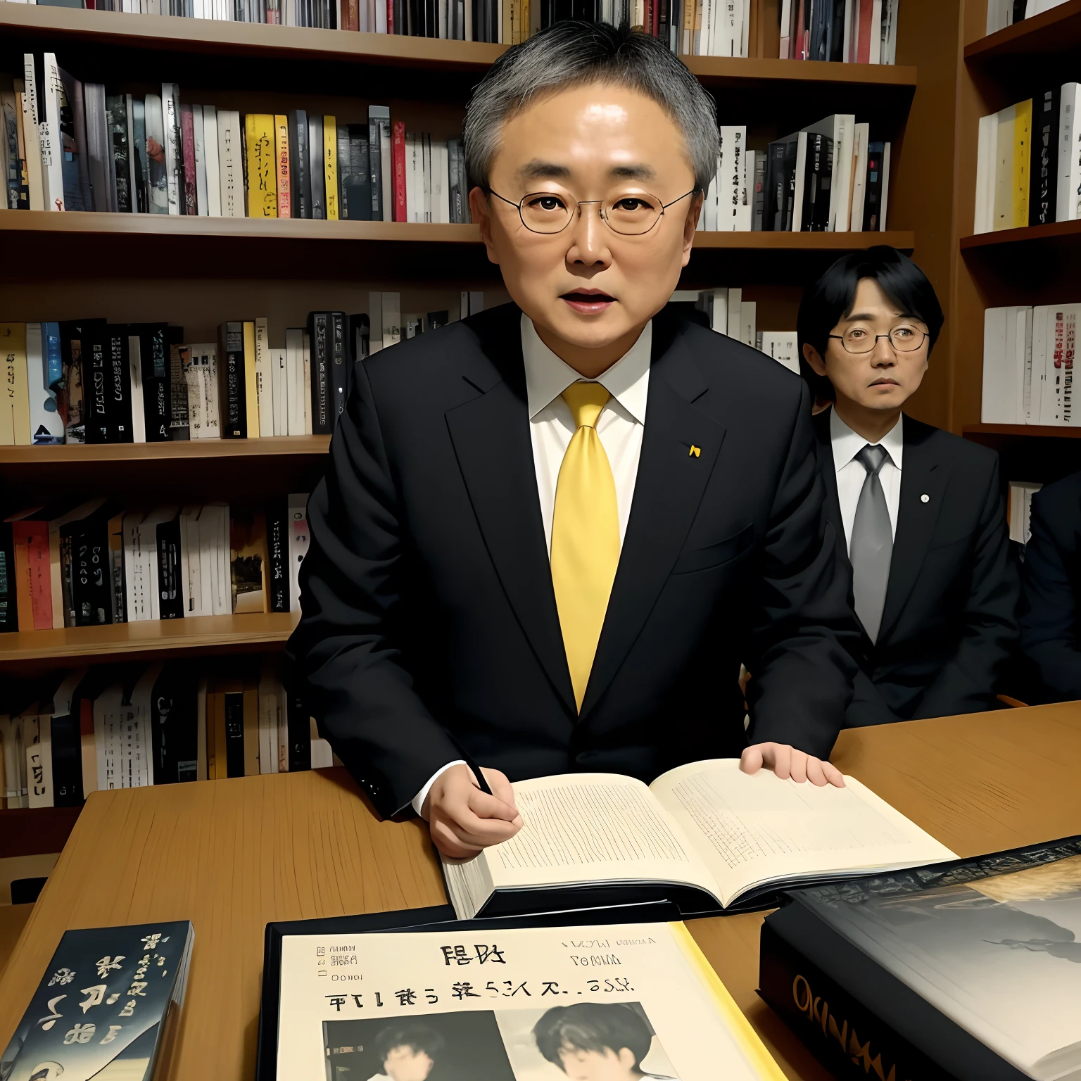 Toshio Okada、producer、critic、nerdy、jpn、writer、1 persons、Bookshelf in the background、black suits、Yellow tie、Sit facing the front