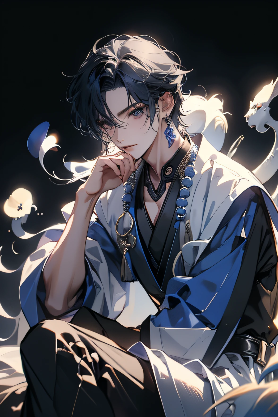 1 boy, Dreamy style, Chinese_Hanfu, Taoist robes, Blue and black gradient eyes, Blue and white clothes, Gorgeous robes, Towards boots, Digital artwork, Meticulous face, Ancient Chinese men's hairstyles, Simple background, silver hair, expressive hair, bead necklace, gradient eyes, light smile, cinematic lighting, Romanticism, anime style, high quality, high details, 8k