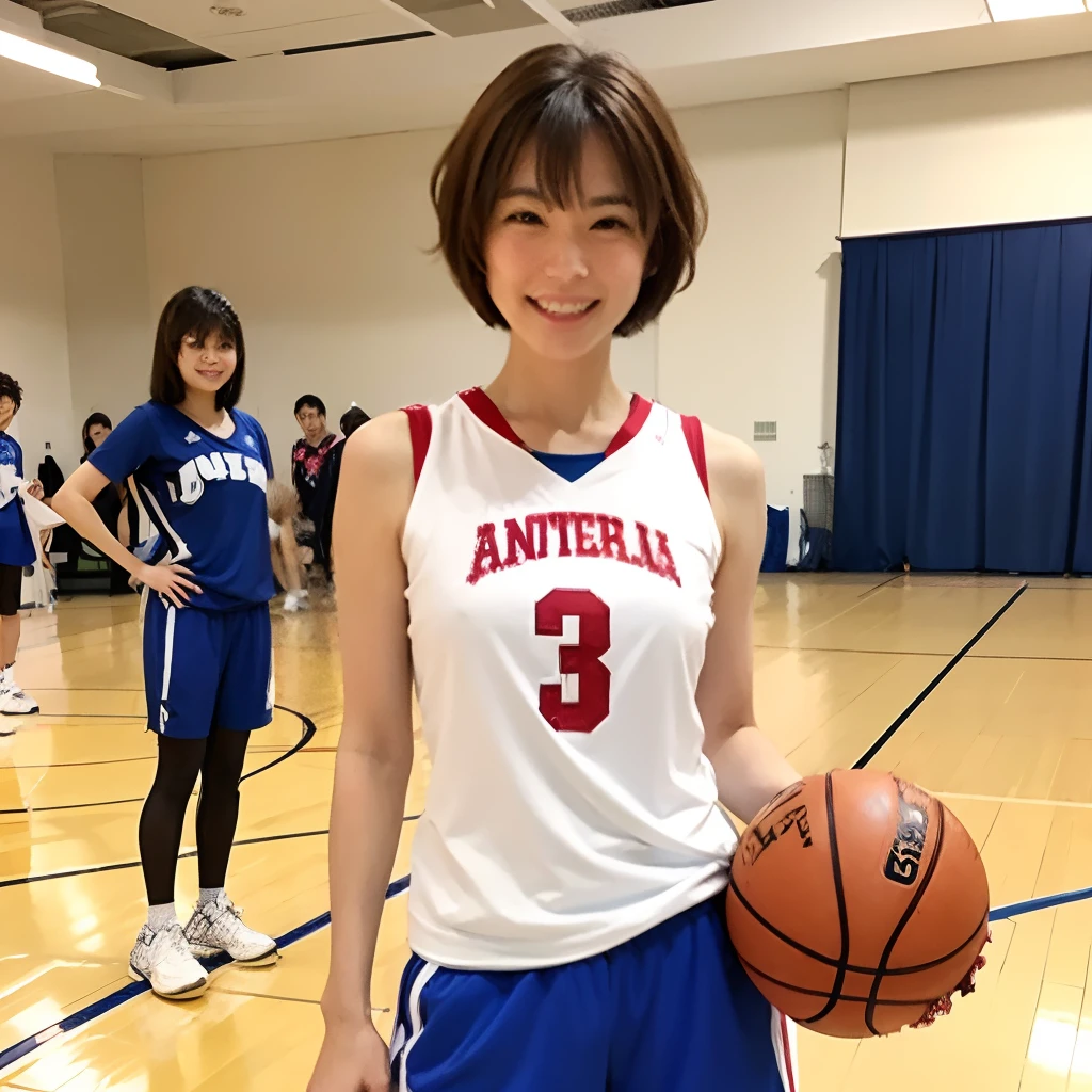 top-quality, masterpiece, 超A high resolution, 8K, Unripe, (photographrealistic:1.4), profetional lighting、Cute College Girl、(no-makeup)、A slender、large full breasts、big breasts thin waist、Bery short hair、ssmile、I'm on a basketball court inside a big gymnasium、I'm dribbling、White with long sleevesTI'm wearing a shirt、I'm wearing dark blue training pants、I'm wearing a jersey、There are many young men and women playing basketball in the background