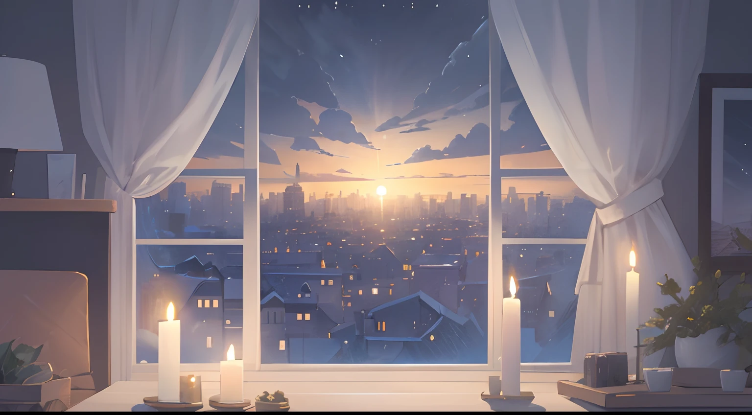 cloudy weather cloudy windowsill illustration winter night cloudy landscape landscape landscape with lots of candles in the middle graphic top quality landscape