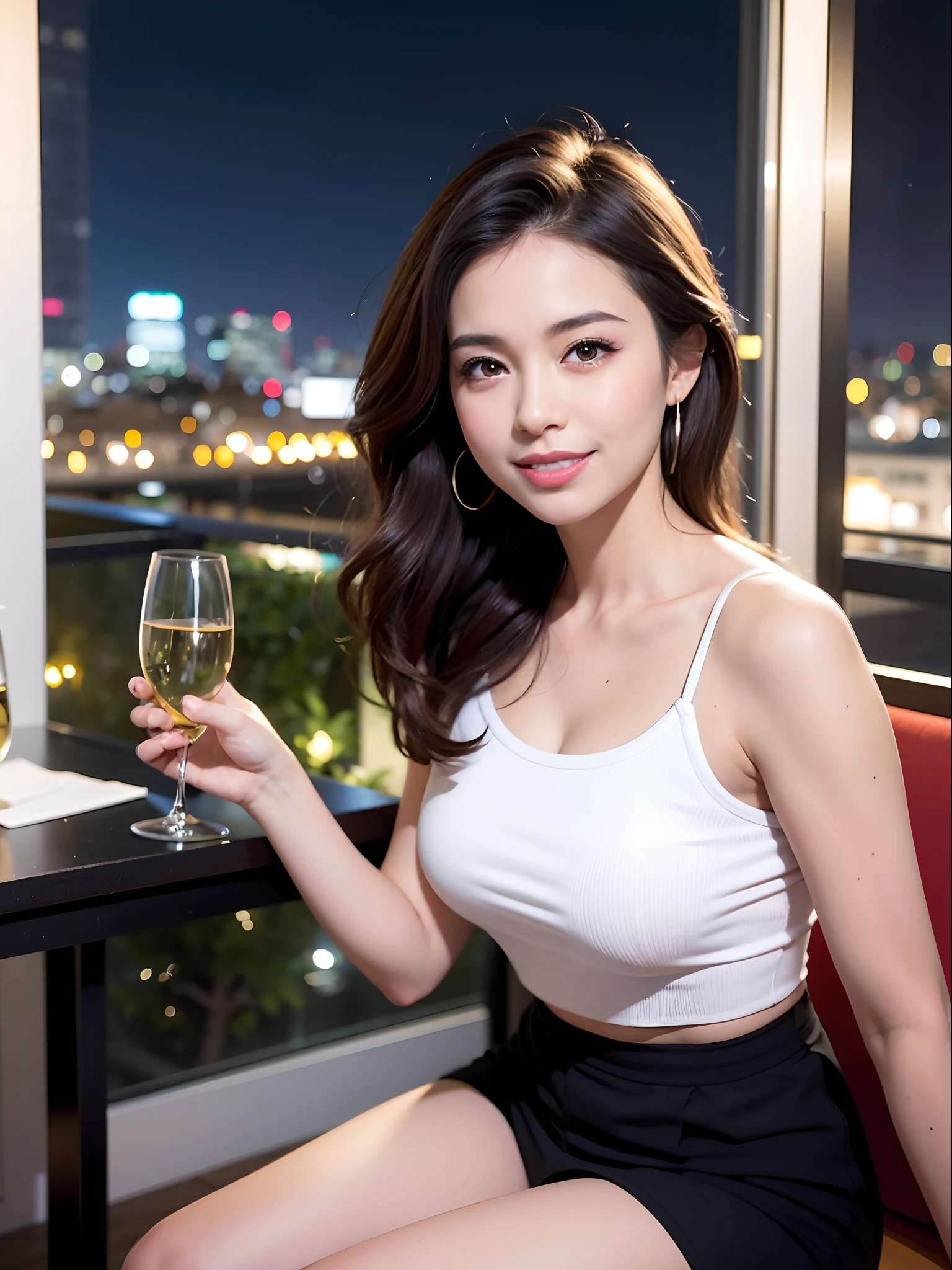 (64K, UHD, top quality, masterpiece: 1.2), (realistic, photorealistic: 1.37), super detailed, pretty woman 1, (slim face), (slim body), (brown hair), (short cut), cheeks slightly blushing, (40 years old), 38 years old, solo, beautiful detailed urban night view outside the window, restaurant, wine glass sitting, at night, in a prominent place (from the waist up) NovaFrogStyle, Actress, Model, Waist Up, White Wine, Slim, Wine Glass, Super Clean Night View, Wine Glass Put in the Middle, Happy Smile, (Smile: 1.15), Beautiful Fine Eyes, Upper Body, Bust Japan Up, Night, Short, Short, Actress, Model, Waist Up, White Wine, Slim, Wine Glass, Super Clean Night View, Wine Glass Put in the Middle, Happy Smile,