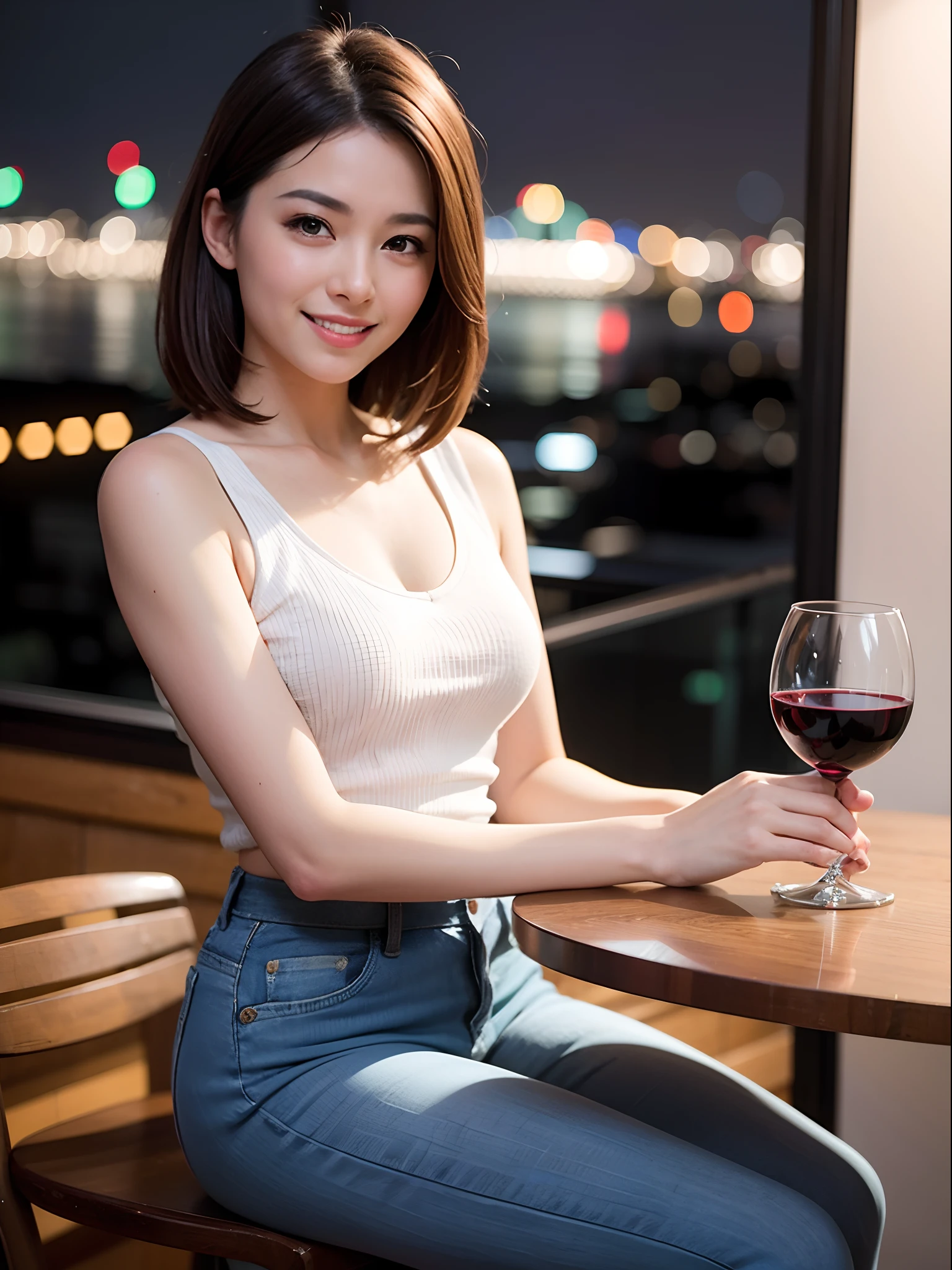 (64K, UHD, top quality, masterpiece: 1.2), (realistic, photorealistic: 1.37), super detailed, pretty woman 1, (slim face), (slim body), (brown hair), (short cut), cheeks slightly blushing, (40 years old), 38 years old, solo, beautiful detailed urban night view outside the window, restaurant, wine glass sitting, at night, in a prominent place (from the waist up) NovaFrogStyle, Actress, Model, Waist Up, White Wine, Slim, Wine Glass, Super Clean Night View, Wine Glass Put in the Middle, Happy Smile, (Smile: 1.15), Beautiful Fine Eyes, Upper Body, Bust Japan Up, Night, Short, Short, Actress, Model, Waist Up, White Wine, Slim, Wine Glass, Super Clean Night View, Wine Glass Put in the Middle, Happy Smile,