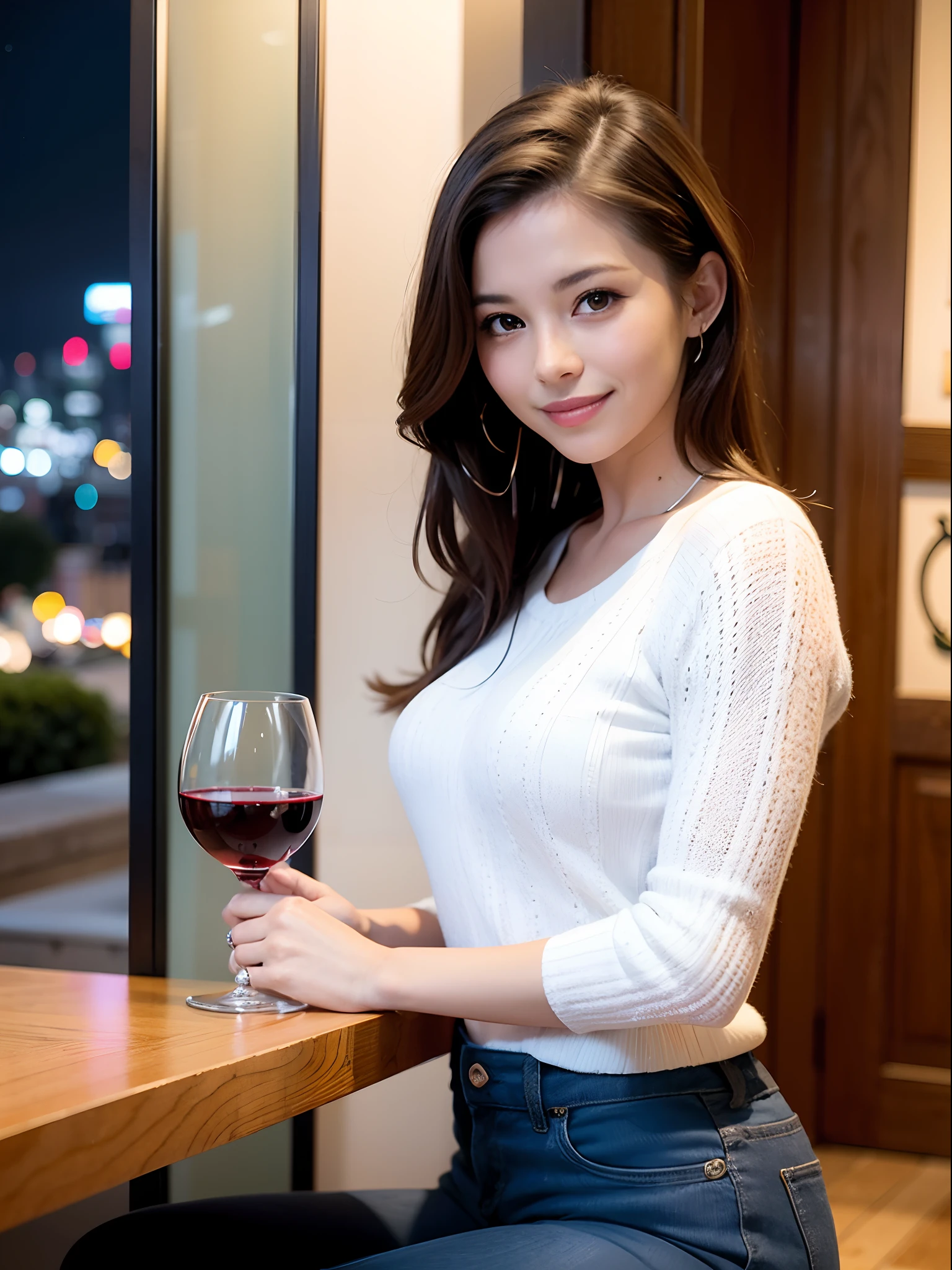 (64K, UHD, top quality, masterpiece: 1.2), (realistic, photorealistic: 1.37), super detailed, pretty woman 1, (slim face), (slim body), (brown hair), (short cut), cheeks slightly blushing, (40 years old), 38 years old, solo, beautiful detailed urban night view outside the window, restaurant, wine glass sitting, at night, in a prominent place (from the waist up) NovaFrogStyle, Actress, Model, Waist Up, White Wine, Slim, Wine Glass, Super Clean Night View, Wine Glass Put in the Middle, Happy Smile, (Smile: 1.15), Beautiful Fine Eyes, Upper Body, Bust Japan Up, Night, Short, Short, Actress, Model, Waist Up, White Wine, Slim, Wine Glass, Super Clean Night View, Wine Glass Put in the Middle, Happy Smile,