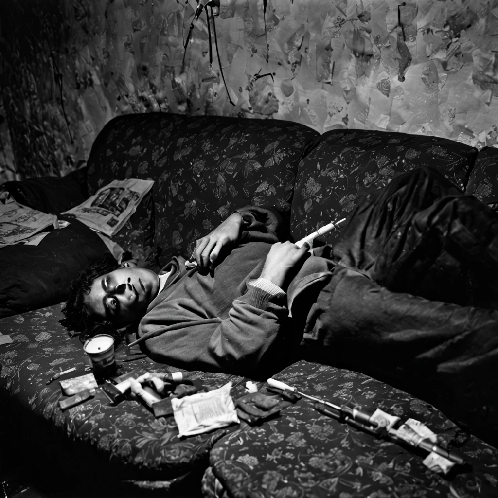 drug addict lying in a (shabby:1.3) sofa, inside a squat, shadows, (syringe:1.3) next to candle light, 1979, hilford hp5+; film grain
