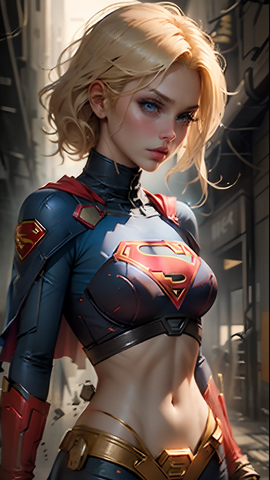 (melhor qualidade)), ((obra-prima)), ((realista)), (detalhado),  Ino Yamanaka, rosto detalhado,supergirl Linda mulher (30 anos de idade, cabelos longos caindo nos olhos e loira, olhos azuis) corpo definido, white bandages around the abdomen, capa vermelha, detalhado , Supergirl,((( huge breasts)))