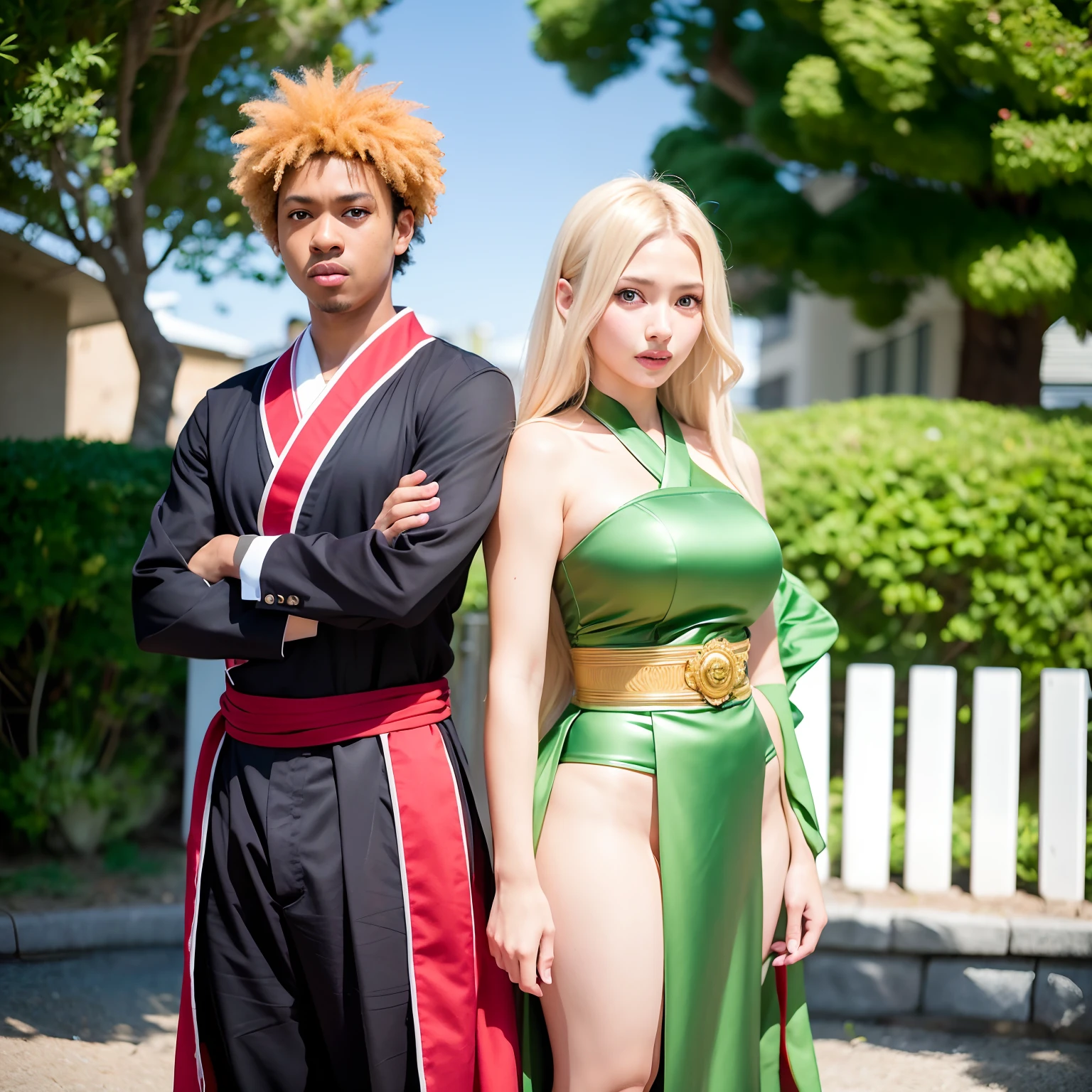 creates an anime cover advertising about the Netflix series, creating a new anime and kaguya sama, 2D brown skin afro anime 2D and blonde hair bright green eyes Wearing Japanese traditional clothing holding a unique exemplary sword 4K anime quality Delta skins cinematic details of an animated television series