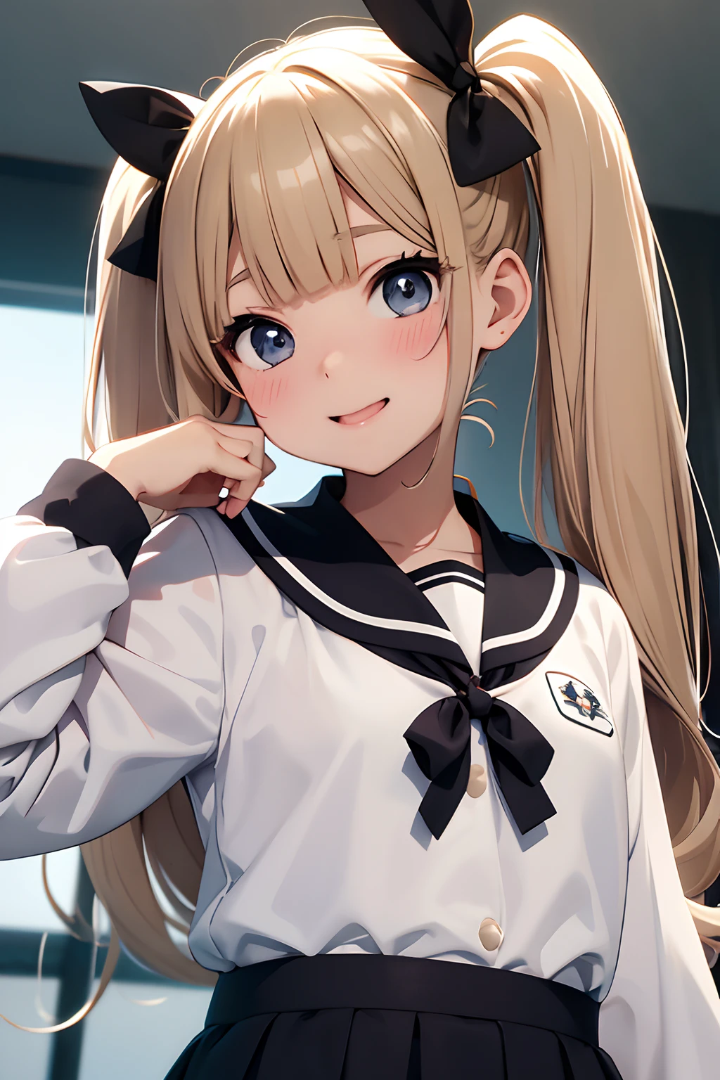 in white long-sleeved sailor suit、Twin tails with dark blonde hair、a black ribbon、Single big eyes、great laughter、