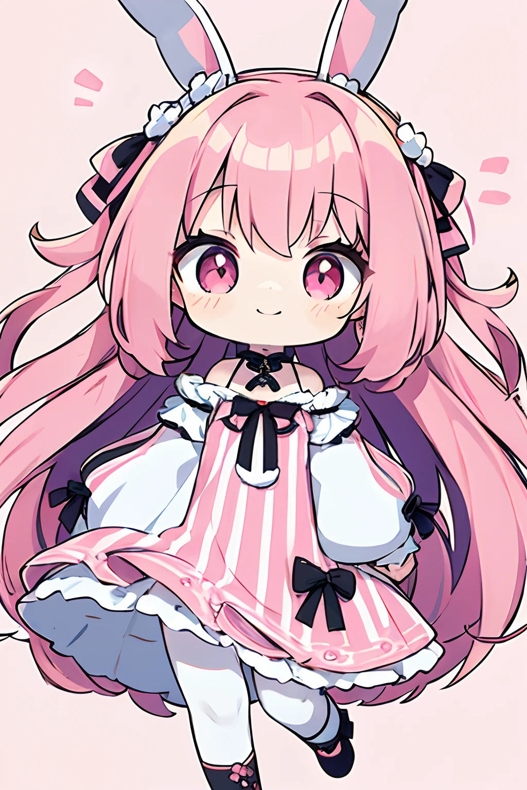 Steppiece, Best Quality, Cute, kawaii, 1girl in, Solo, (Long Hair Pink Long Hair、Pale pink long hair、)((Pink striped dress))Pink striped pattern、Pink eyes、Delicate eyes、Cute eyes、smil、Smile subtly、(8K)((non-sleeve))Rabbit ears、Rabbit tail、((Long、Hair is down、Long))Lack of sleeves、(((tchibi)))