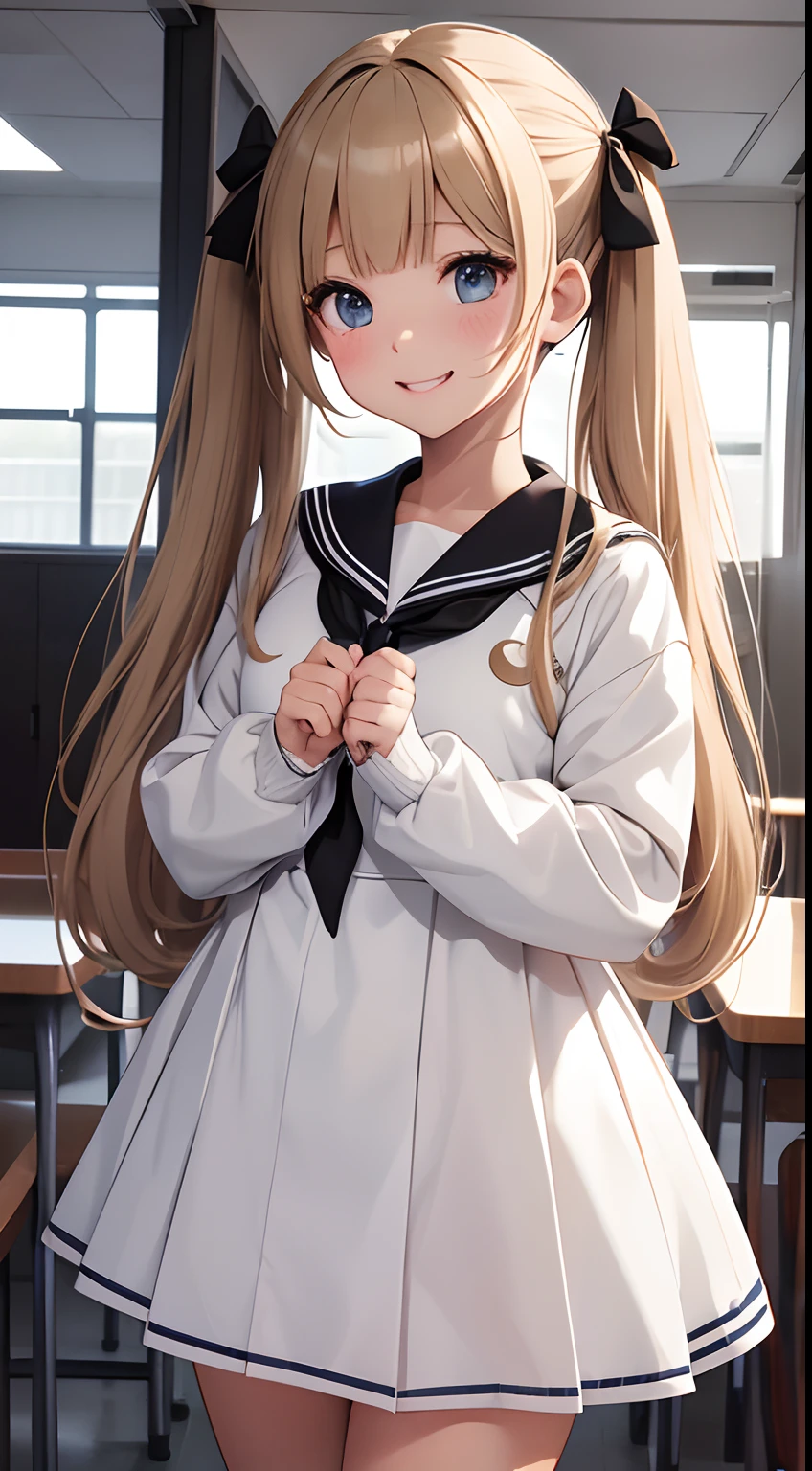 Junior high school student in white long-sleeved sailor suit、Twin tails with dark blonde hair、a black ribbon、Single big eyes、great laughter、