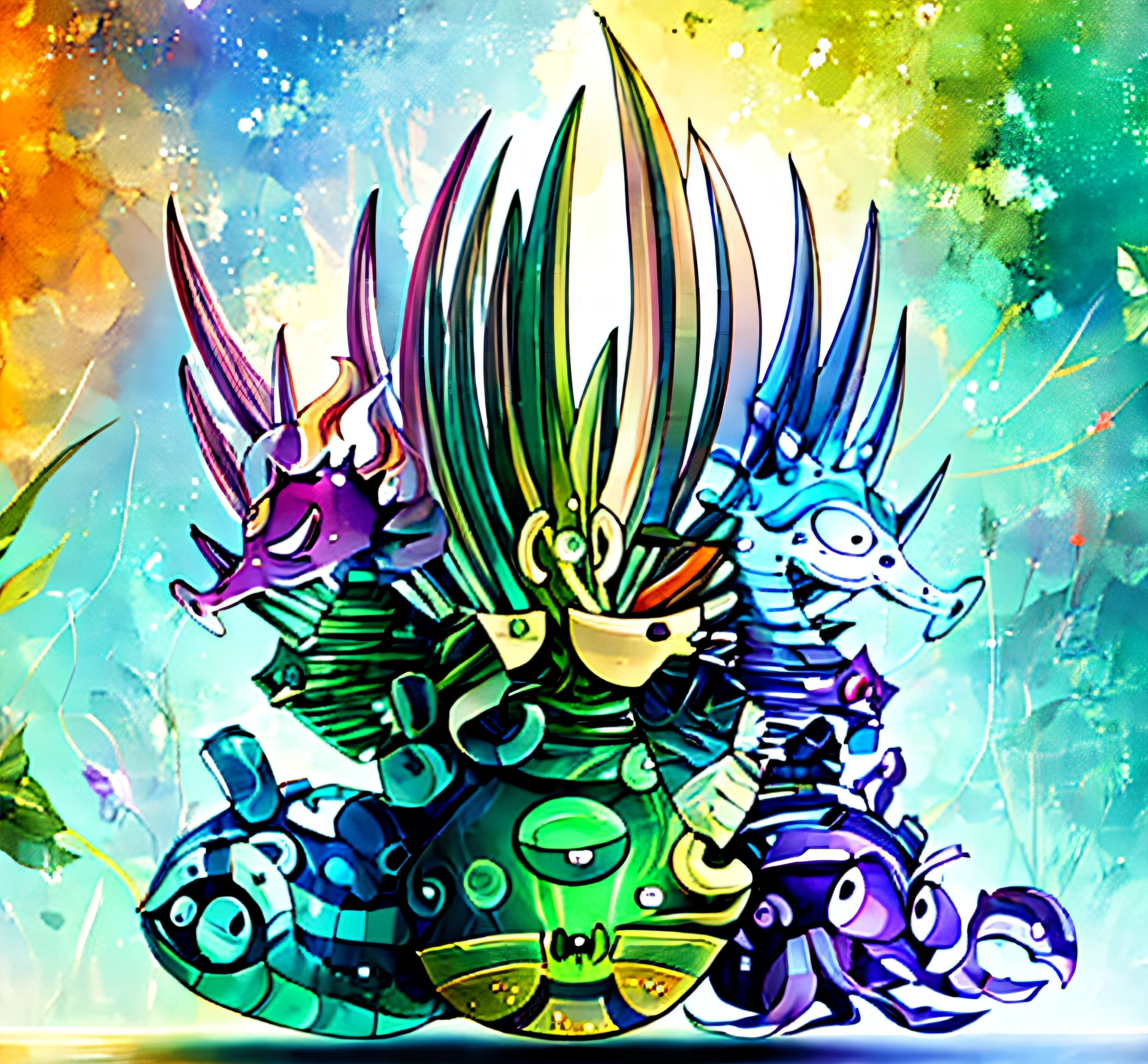 a cartoon image of a group of different colored animals, cute cyber gods, mobile game art, game illustration, spines, spiky tentacles, sea enemies, glitch creatures, plant monster, full art illustration, detailed game art, monster character design, full color illustration, full color digital illustration, game art, clash royal style characters, magical garden plant creatures