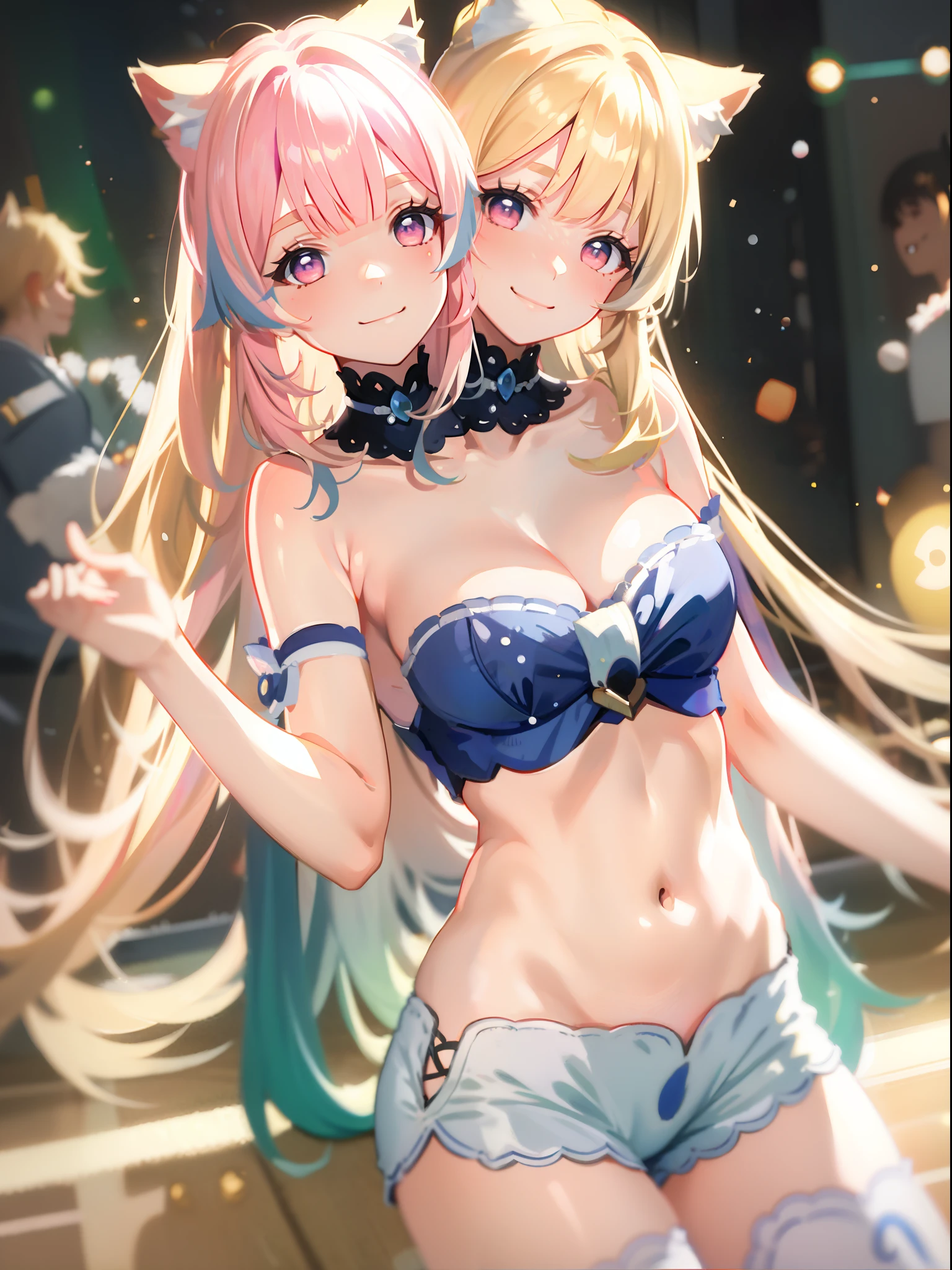 (masterpiece, best quality), best resolution, (2heads:1.5), 1girl, kokomi character, catgirl, blond hair, cat ears, pink eyes, smiling, giggling, friendly, inviting, white tube top, blue short pants, nightclub, dance floor