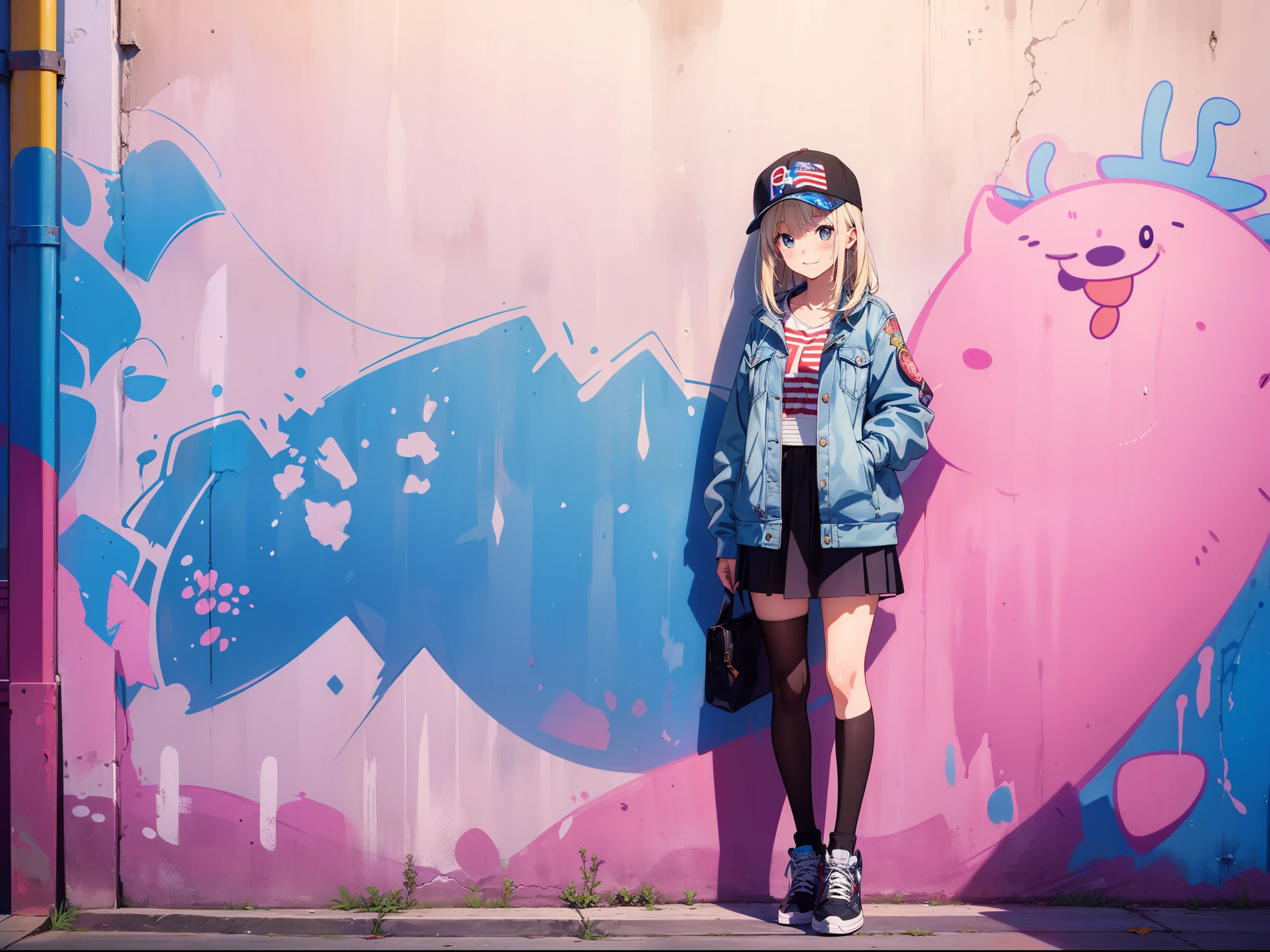 1 cute girl , (street style clothing) , standing in front of wall , cap, smile , ((background american street graffiti)),((masterpiece)), ((best quality)), ((ultra-detailed)), (illustration), ((an extremely delicate and beautiful))