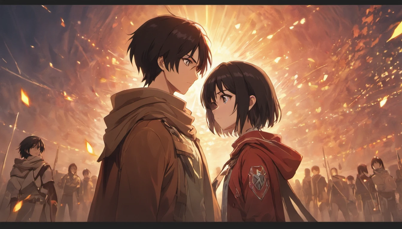shingeki no kyojin, (attack on titans anime), attack on titan anime style, (8k, RAW photo, best quality, masterpiece:1.2, masterpiec8K.HDR. highresabsurdres:1.2, film grain, blurrybokeh:1.2, lens flare, (vibrant color:1.2), (delicate)), from left to right you can see Mikasa Ackerman: she has black hair and a red scarf and is looking at Eren, Eren Hunter: the hero of the story and Mikasan's brother, he has brown hair and Armin Arlelt, a young man with golden hair who is accompanying them.
