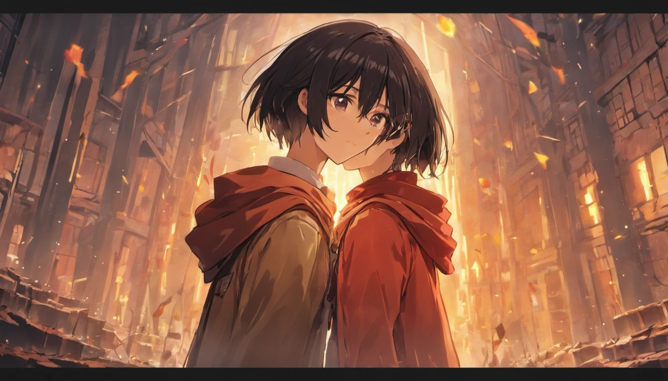 shingeki no kyojin, (attack on titans anime), attack on titan anime style, (8k, RAW photo, best quality, masterpiece:1.2, masterpiec8K.HDR. highresabsurdres:1.2, film grain, blurrybokeh:1.2, lens flare, (vibrant color:1.2), (delicate)), from left to right you can see Mikasa Ackerman: she has black hair and a red scarf and is looking at Eren, Eren Hunter: the hero of the story and Mikasan's brother, he has brown hair and Armin Arlelt, a young man with golden hair who is accompanying them.