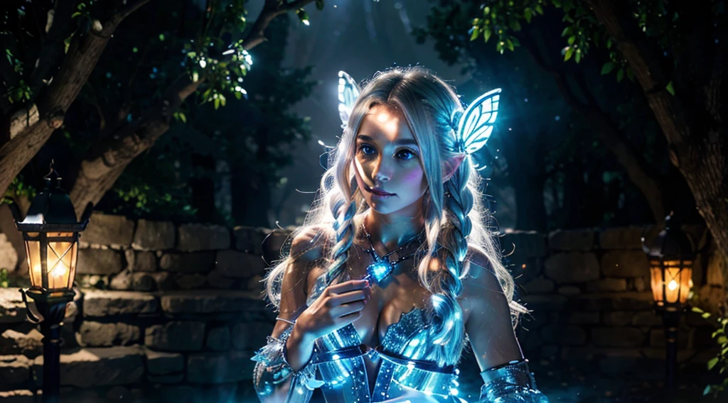 (best quality, highres, ultra-detailed), fantasy, warm and soft lighting, ethereal atmosphere, giant oak tree, magical, enchanted, mystical, moonlight, shimmering, dreamlike, wisps of fog, ancient, mythical, tranquil, beautiful elf women, platinum blonde hair, braided leather outfit, cute faces, (tiny glowing fairies with butterfly wings), realistic, detailed pretty faces, bright glowing blue eyes,