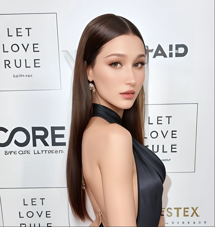 um close up de uma mulher com um vestido preto posando para uma foto, Bella Hadid, cabelo em rabo de cavalo baixo liso, cabelos lisos, cabelo preto liso, elegant head, slicked back hair, Poarch bonito, penteado liso, Elegante!!!, rosto como ester exposito, olhos elegantes, linha elegante, olhando para o lado, estilo elegante e enxuto