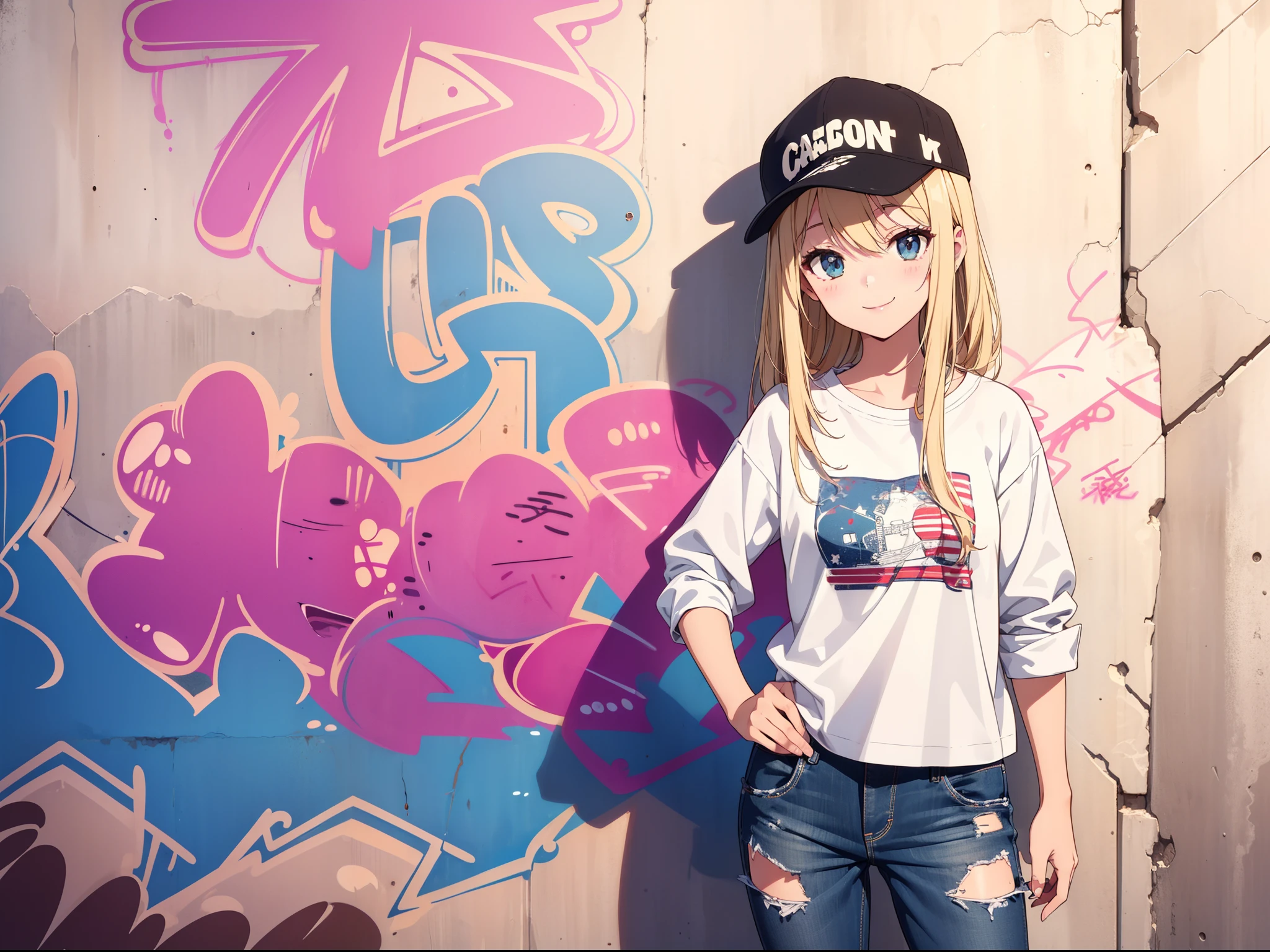 1 cute girl , close to viewer, character focus, cowboy shot, (street style clothing) , standing in front of wall , cap, smile , ((background american street cool graffiti)),((masterpiece)), ((best quality)), ((ultra-detailed)), (illustration), ((an extremely delicate and beautiful))