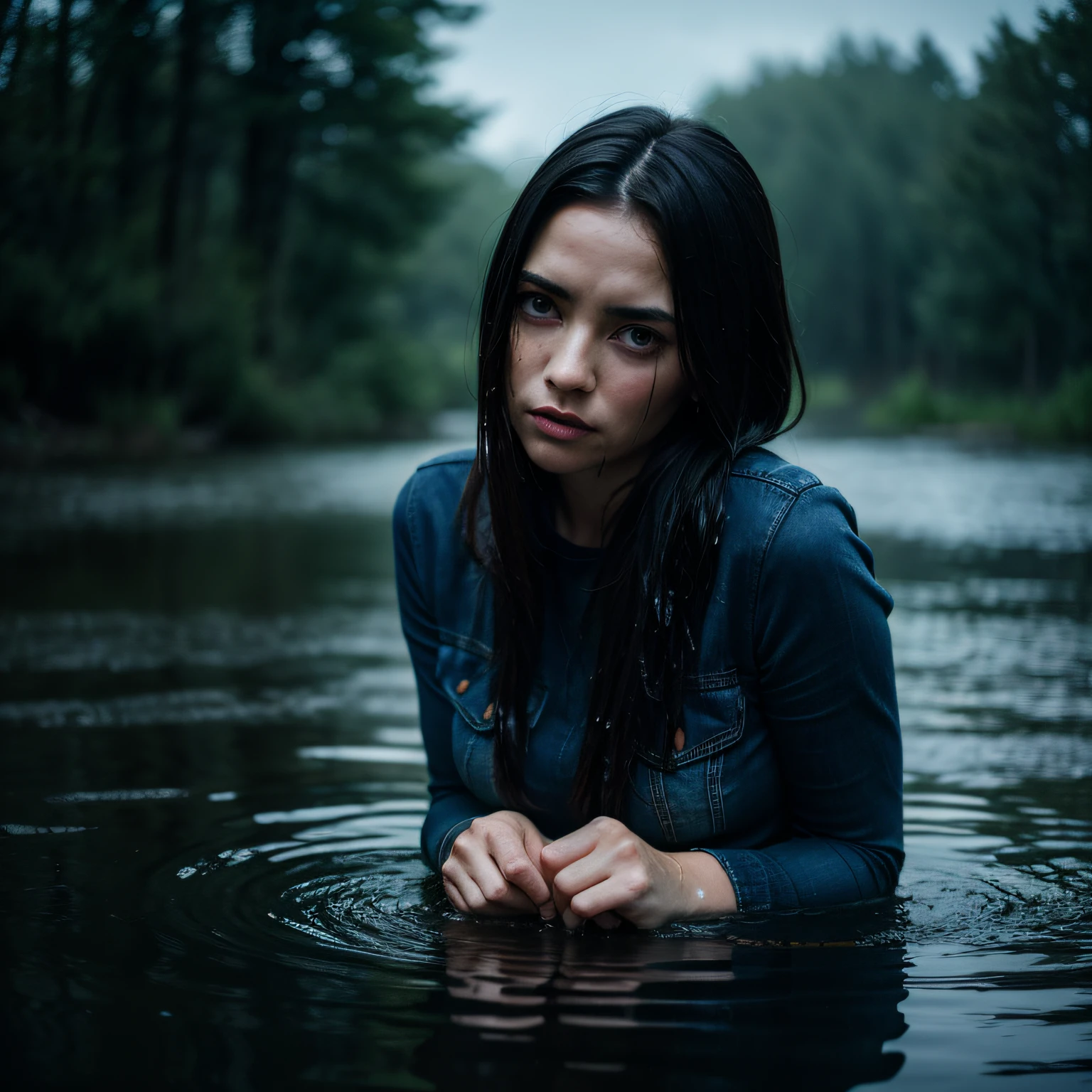 Best Quality, Ultra-detailed, Realistic:1.37, HDR, visual art, portrai, swamp, sinking, Distressed Woman, cloudy water, blurred background, Dark and moody lighting, Strong emotions, lace stockings, jeans skirt, dry humping:1.3, desperate, wet clothing, Dirty hands and face, creepy ambiance, Cinematic, Dramatic colors, haunting, atmospheric, mysterious, Gloomy, Obsessively beautiful, Textured Brush, Expressive brush strokes, Reflections in water.